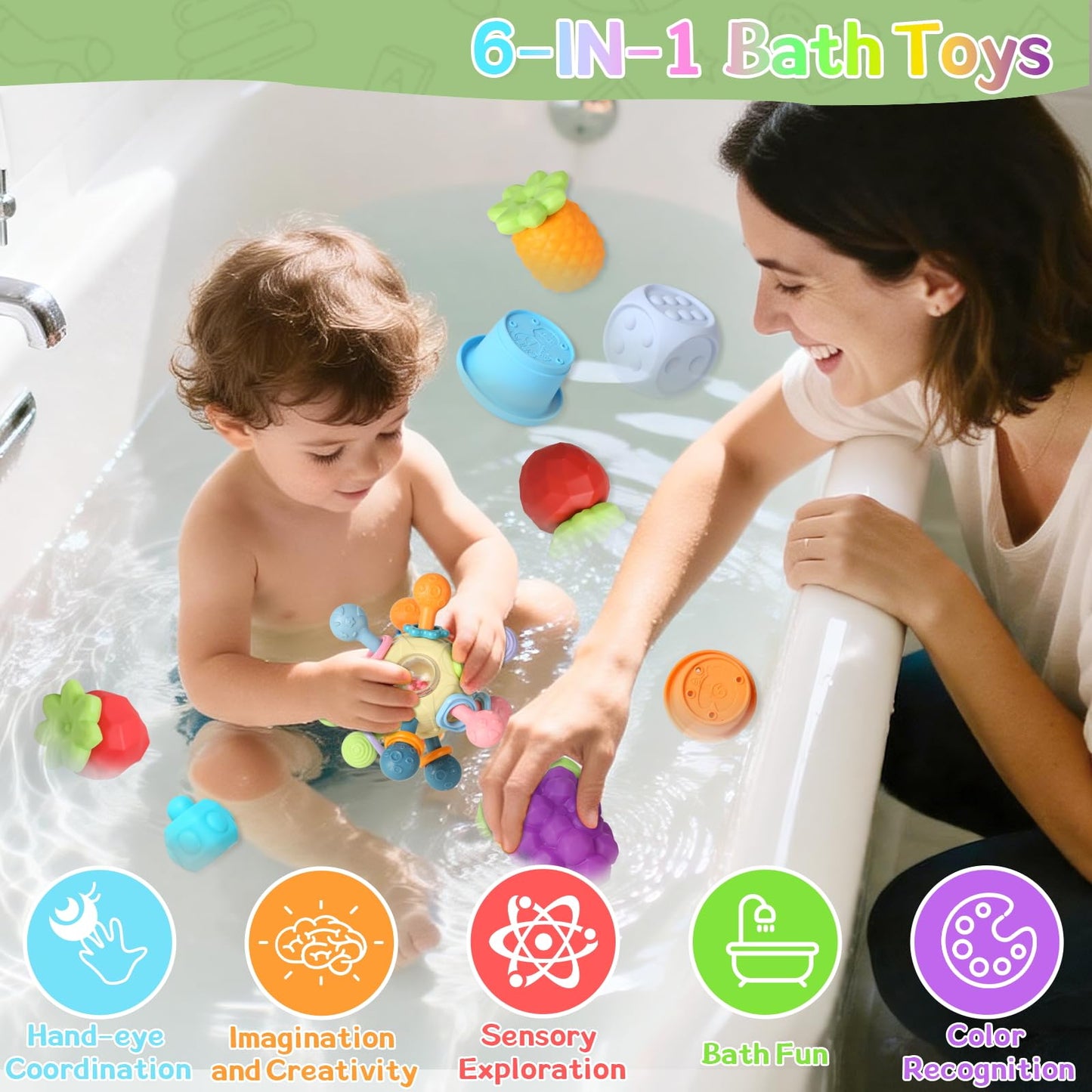 6-in-1 Montessori Baby Toys for 6-12-18 Months, Fun Infant Toys with Shape Sorter Sensory Bin, Stacking Rings, Bath Toys,Soft Fruit, Learning Developmental Toys Gifts for 1 2 3 Year Old Boys Girls