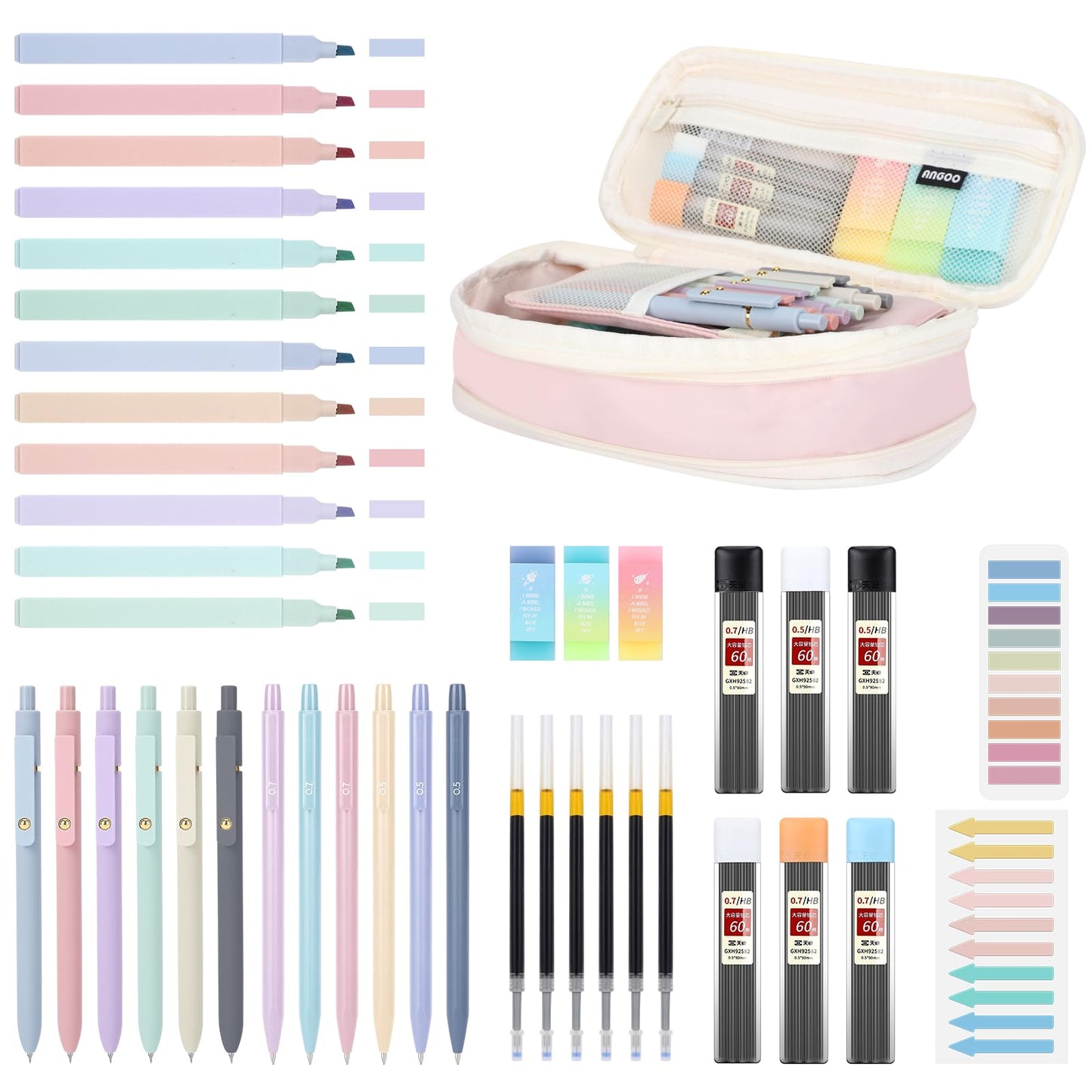 DRMAVI 42PCS Aesthetic School Supplies with Large Pencil Case, 12 Pastel Highlighters,6 Black Ink Gel Pens,6 Cute Mechanical Pencils Set 0.5 & 0.7 mm for Students Stationary College Essentials(Pink)