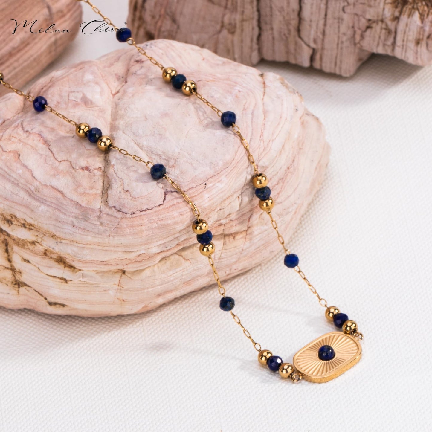 Milan Chiva Natural Gemstone Beaded Pendant Necklace for Women 14K Gold Plated Lightweight Adjustable Lapis Lazuli Jewelry MNS-1001NY