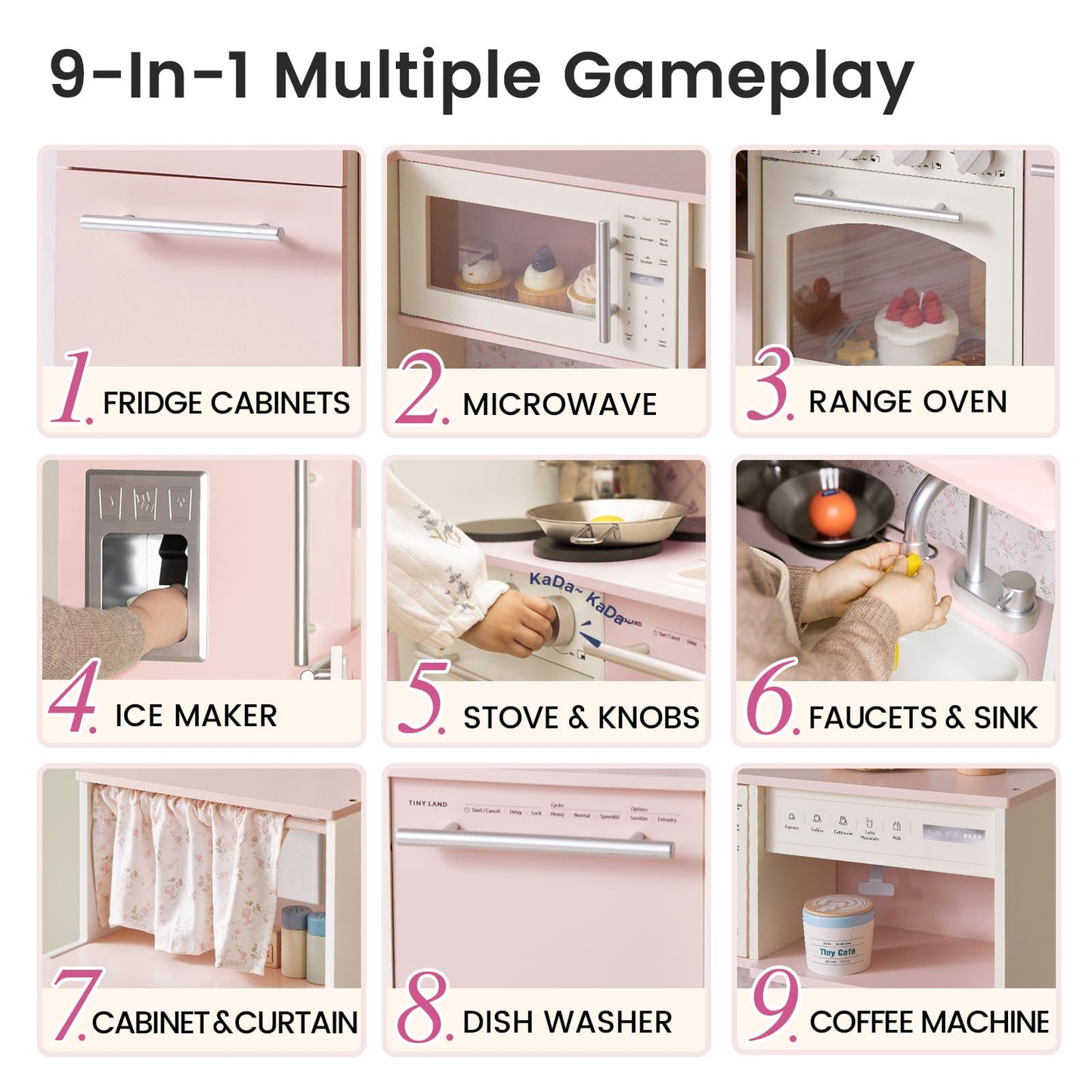 Tiny Land Play Kitchen for Kids, Upgraded Wooden Kitchen Toy with Complete Play Areas, Pretend Cooking Set with Sink, Stove, Microwave, Toy Coffee Station & Storage for Kids Ages 3+