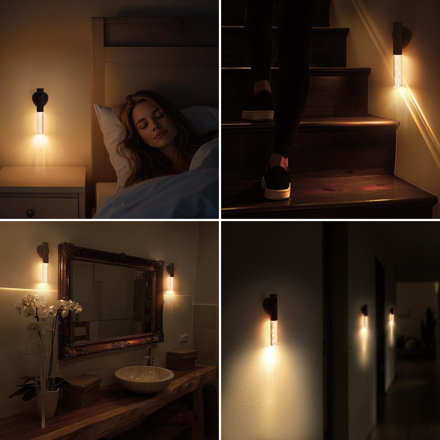 Motion Sensor Night Lights Indoor, Rechargeable Night Lights Wall Sconces Wooden Set of 2, Battery Powered Magnetic Wall Sconces Decor for Bedroom, Hallway, Bathroom, Stairway, Closet（Walnut Wood）
