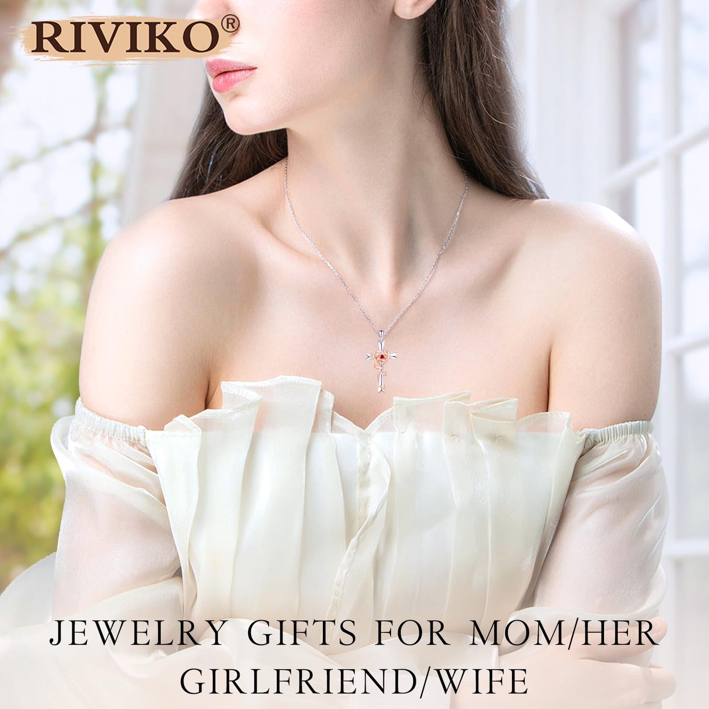 RIVIKO Mothers Day Gifts for Mom-925 Sterling Silver Cross Jan Birthstone Necklace for Women Cross Rose Necklaces Valentine's Day Christmas Anniversary Jewelry Birthday Gift for Women Her Wife