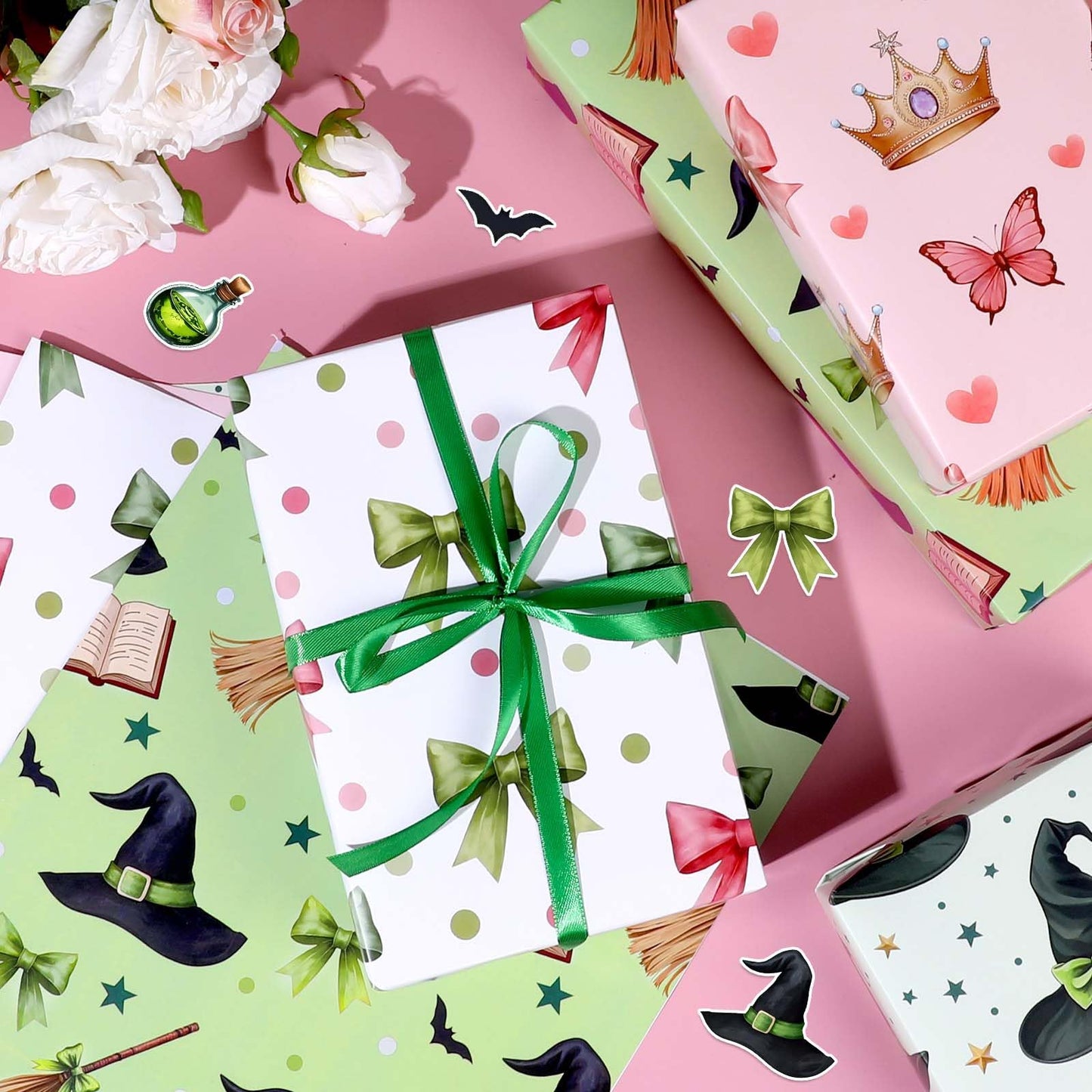 Pineraap 12 Sheets Witch Wrapping Paper, Pink and Green Gift Wrap - Watercolor Bow Crown Witch Hat Broom Print Gift Packing Paper for Girls Women Birthday Princess Themed Party, 19.7 x 27.6 Inch
