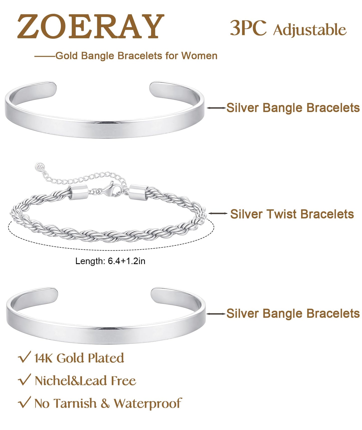 ZOERAY Silver Gold Bangle Bracelets for Women Non Tarnish 14k Gold Plated Stackable Cuff Bracelets for Women Trendy Cubic Zirconia Stainless Steel Chunky Bracelet Stack Set Waterproof Jewelry Gifts