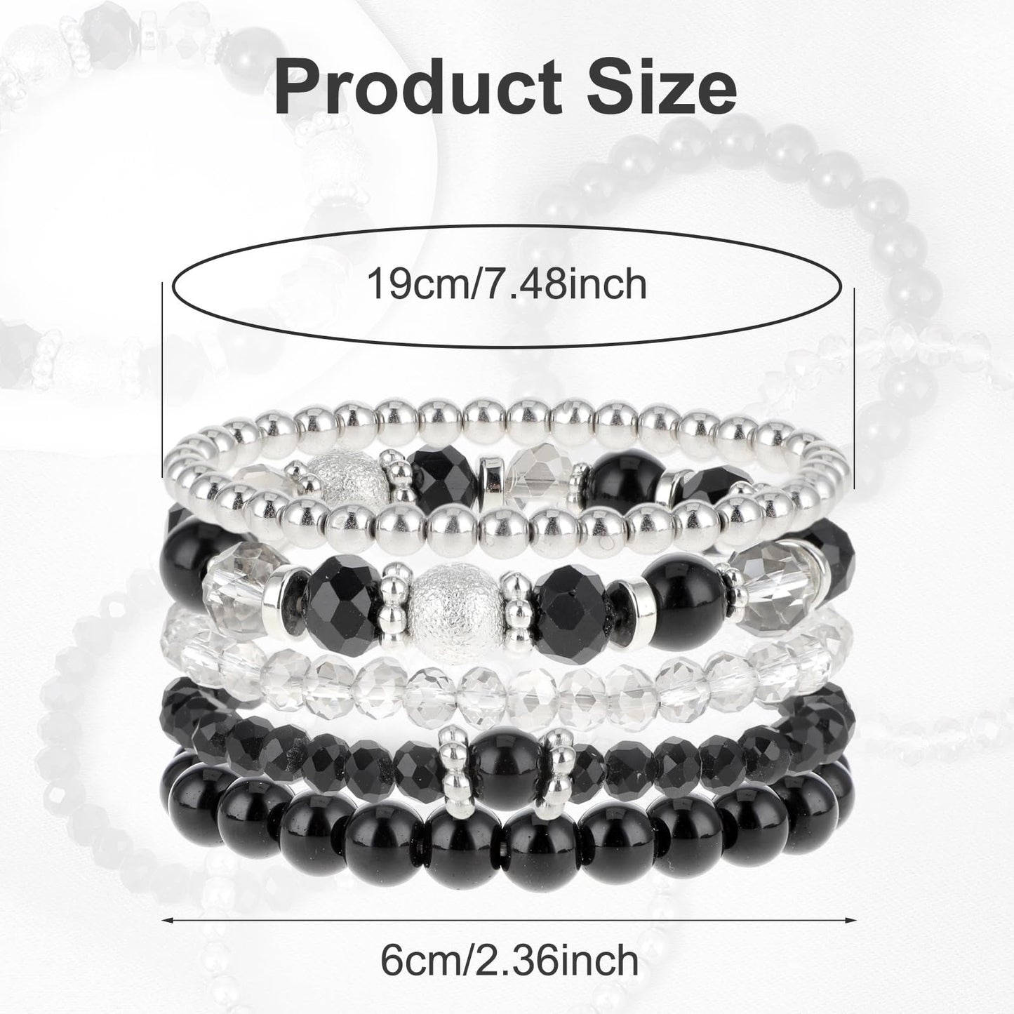 5 Pcs Beaded Stretch Bracelets Black Stackable Bracelets Crystal Bead Bracelet Boho Beaded Bracelets Stretch Layering Crystal Stone Beaded Bracelets Trendy Costume Jewelry Gifts for Women