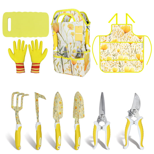 Yellow Garden Tools Set for Women, iHansee 10-Piece Gardening Tool Kit with Handbag, Non-Slip Ergonomic Handles, Gardening Gift for Women, Mom, Garden Lovers