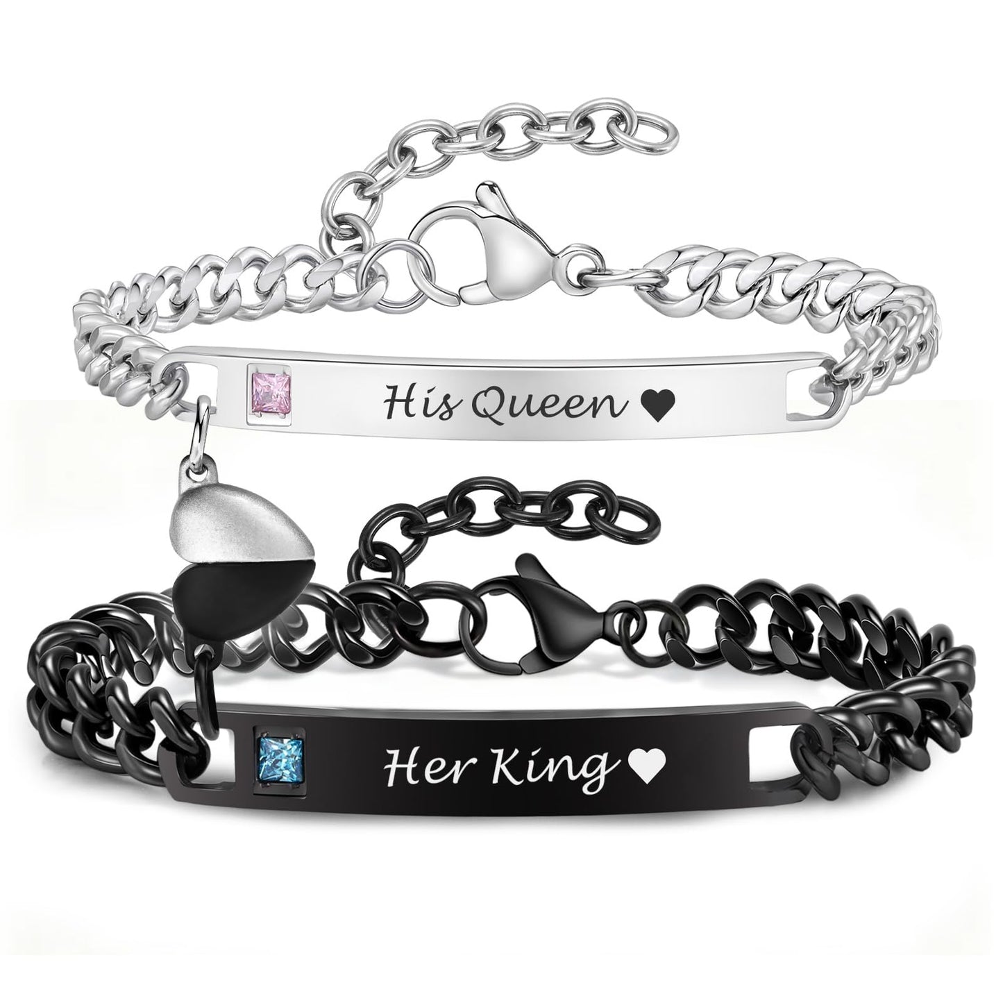 MEALGUET Matching Couple Bracelets for Men Women : Her King His Queen Cuban Link Chain Bracelets Set Jewelry for Boyfriend Girlfriend Husband Wife, Romantic Gifts for Valentines Birthday Anniversary