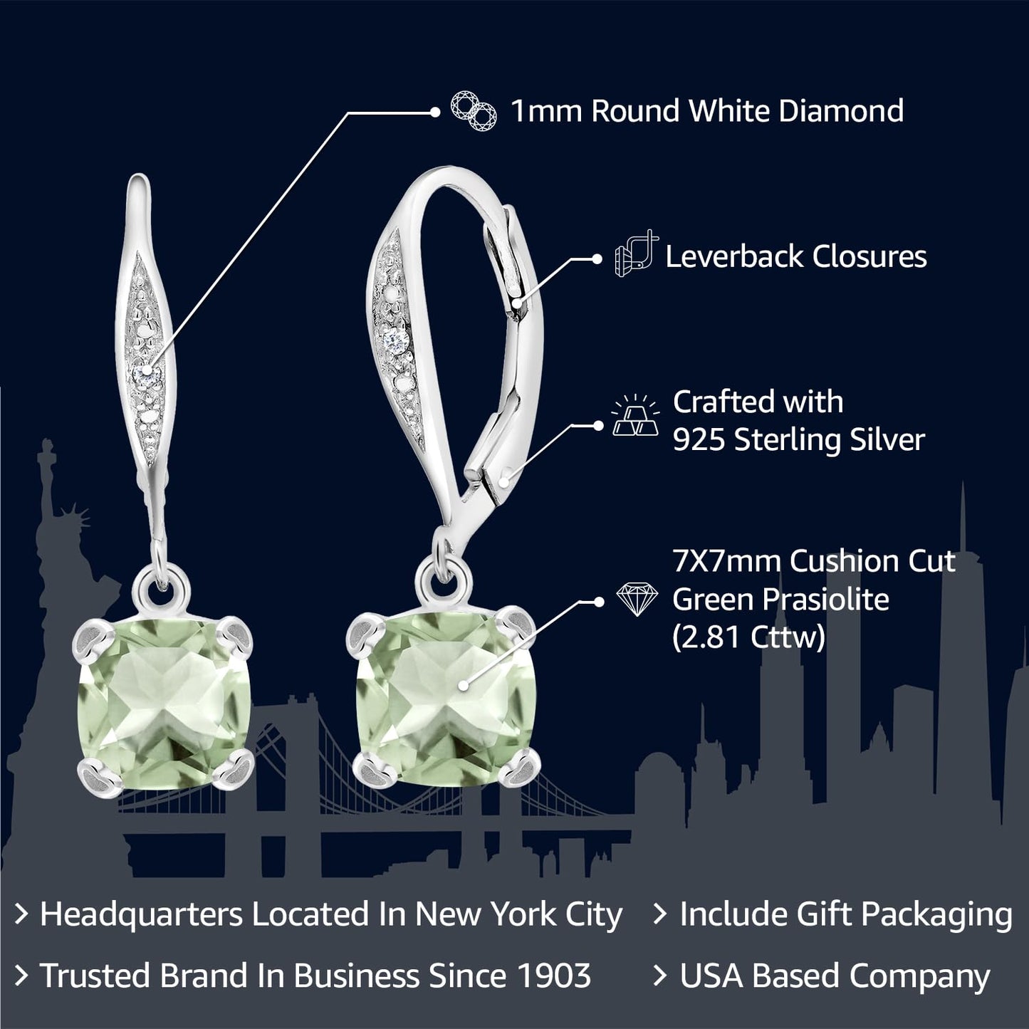 Gem Stone King Drop Dangle Earrings For Women | 7MM Cushion Cut Gemstone Birthstone and Diamond | 925 Sterling Silver | Jewelry Gift for Mom Wife Her | Prasiolite | Sterling Silver