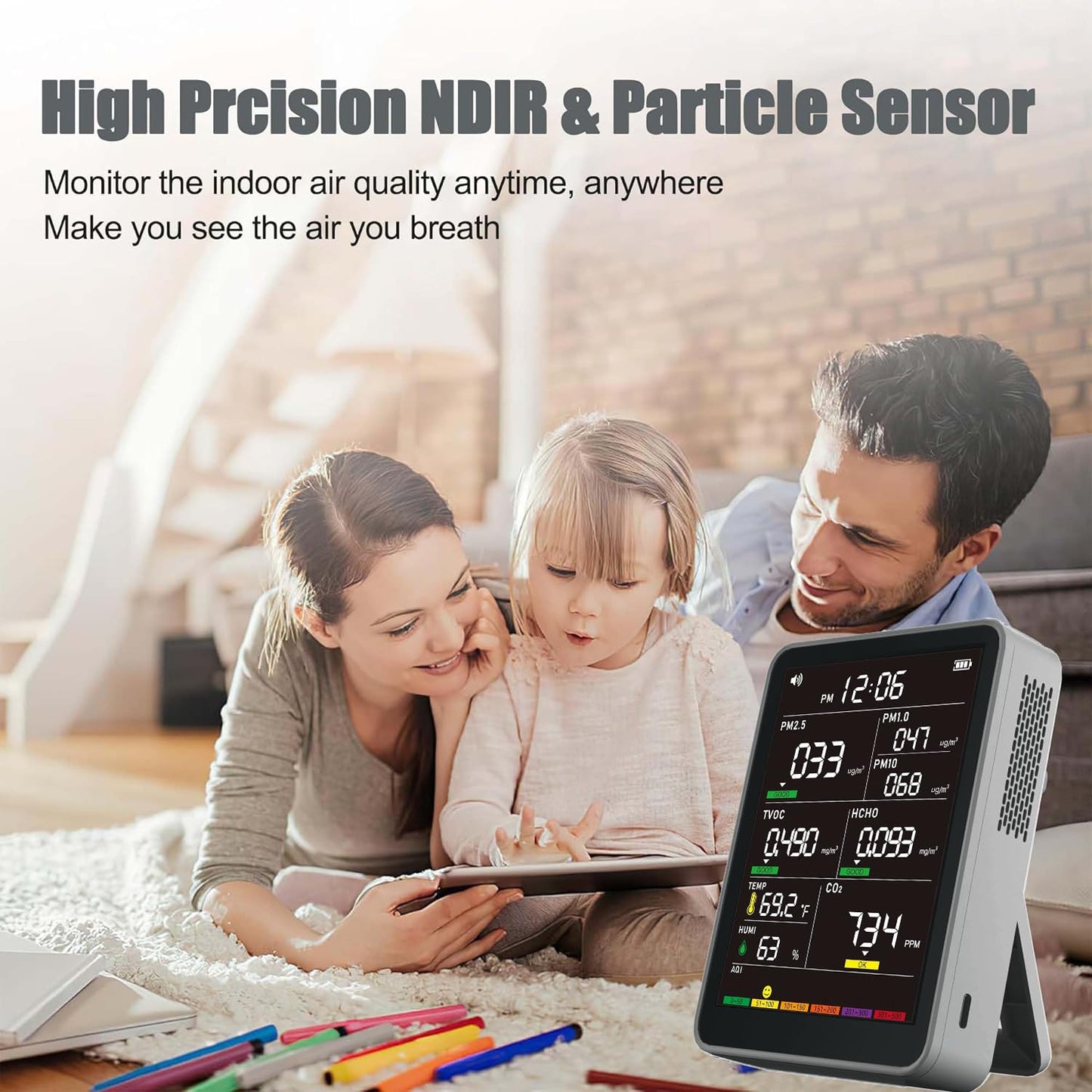 Professional Indoor Air Quality Monitor with AQI, Portable Real-Time Detector for Home Cars Plants and Pets