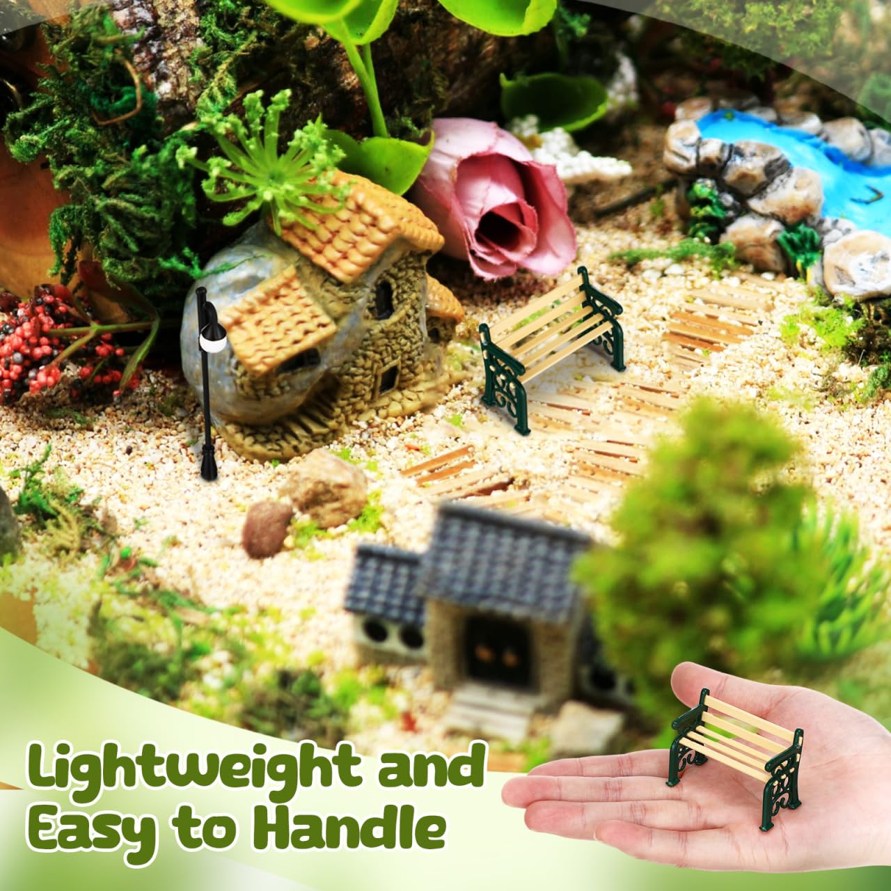 JOINPAYA Miniature Street Bench Set: Dollhouse Miniature Park Bench with Curved Street Lamp Decor Mini Furniture Accessories for Micro Scene Dollhouse Decor