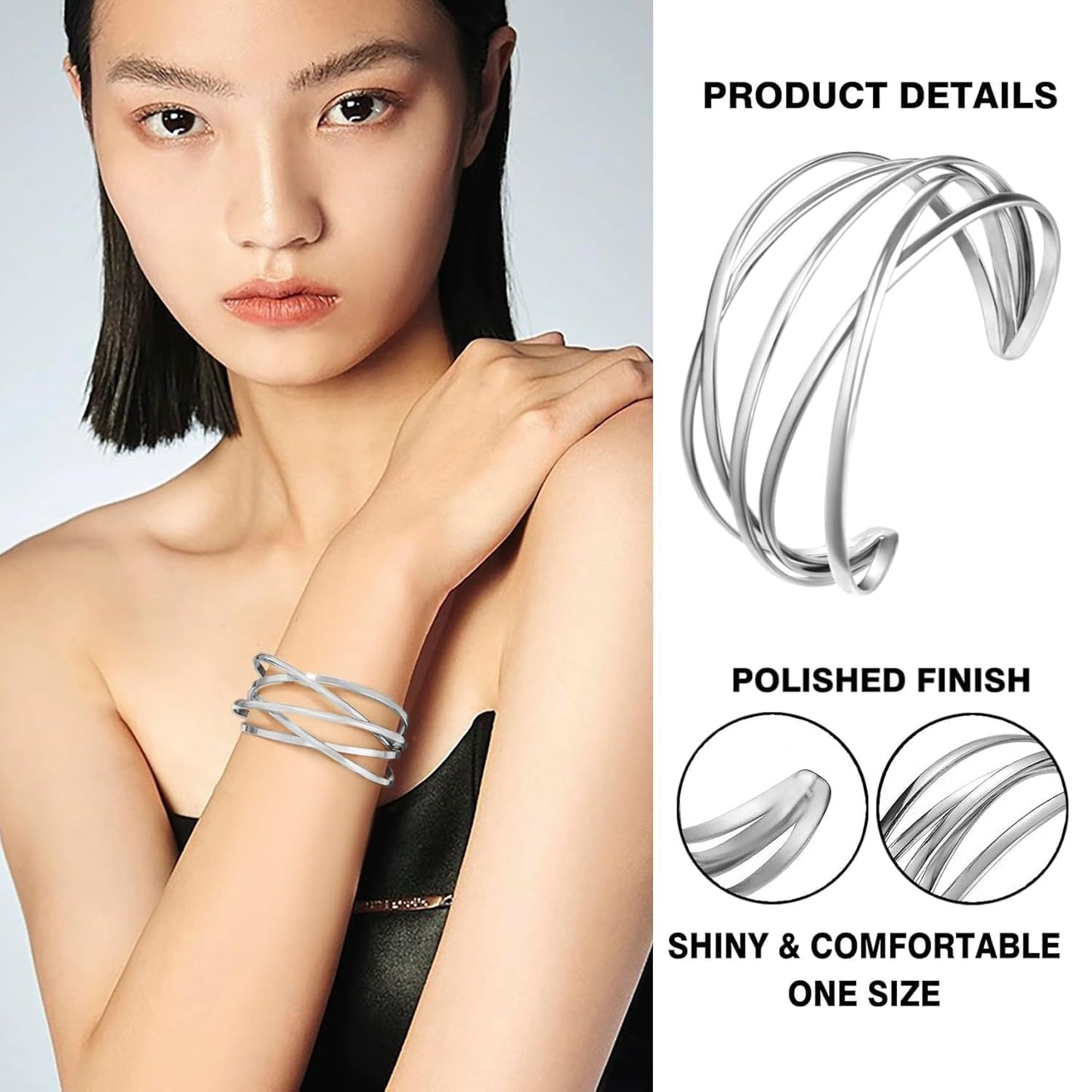 SELFWIMG Silver Bangle Bracelets for Women Chunky Cuff Bracelets Fashion Multi-layer Cross Wire Cuff Bangle Bracelet Open Wrist Fashion Jewelry Gifts