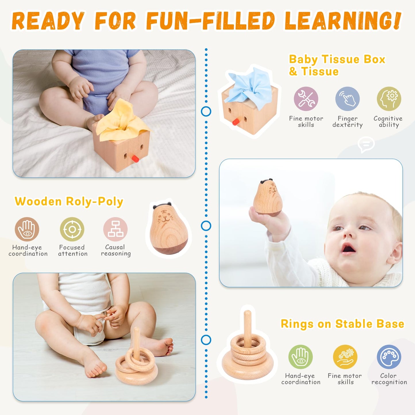 Adena Montessori Play Kit for 5-6 Months Baby,8 in 1 Learning Educational Toys for Toddler,Include Rainbow Spining Drum,Mirror Puzzle,Baby Tissue Box and More,Christmas Birthday Gift for Boys Girl