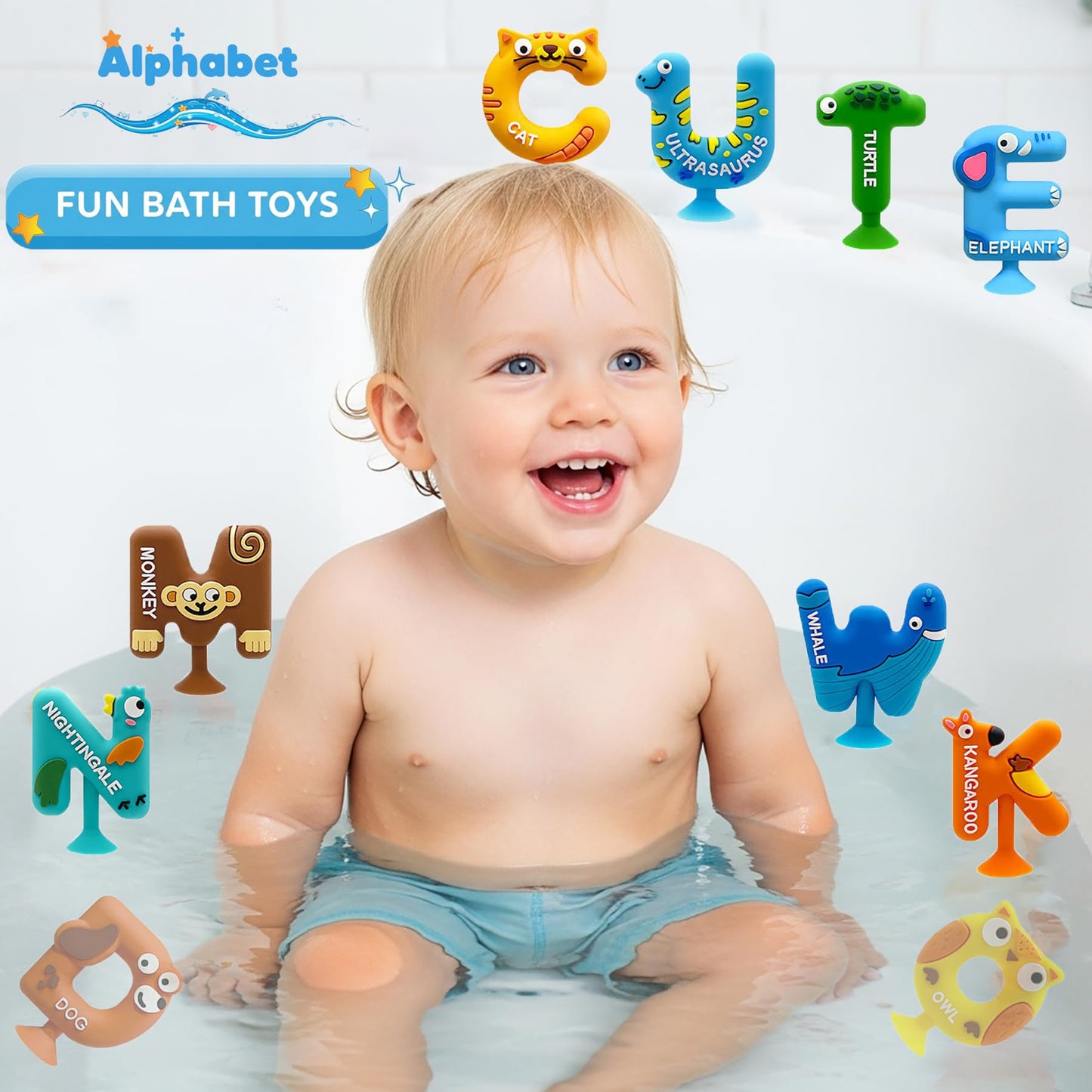 Mold Free Suction Bath Toys for Kids 26PCS, Bathtub Silicone ABC Alphabet Educational Montessori Sensory Toys for Baby/Toddlers, No Hole Animal & Letters Learning Toy with Storage Net for Autism/ADHD