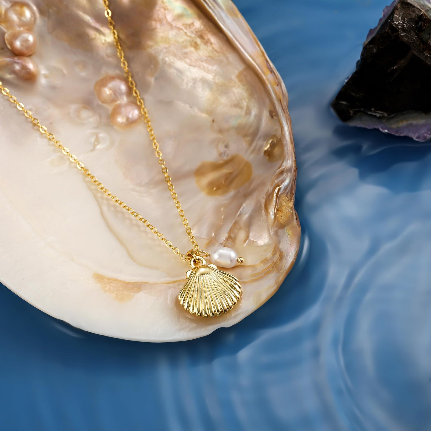 Picuzzy 14K Gold Plated Seashell Pendant Necklace for Women Trendy, Sea Shell Beach Necklace Ocean Coastal Tropical Nautical Vacation Summer Jewelry Pearl Accessories for Women