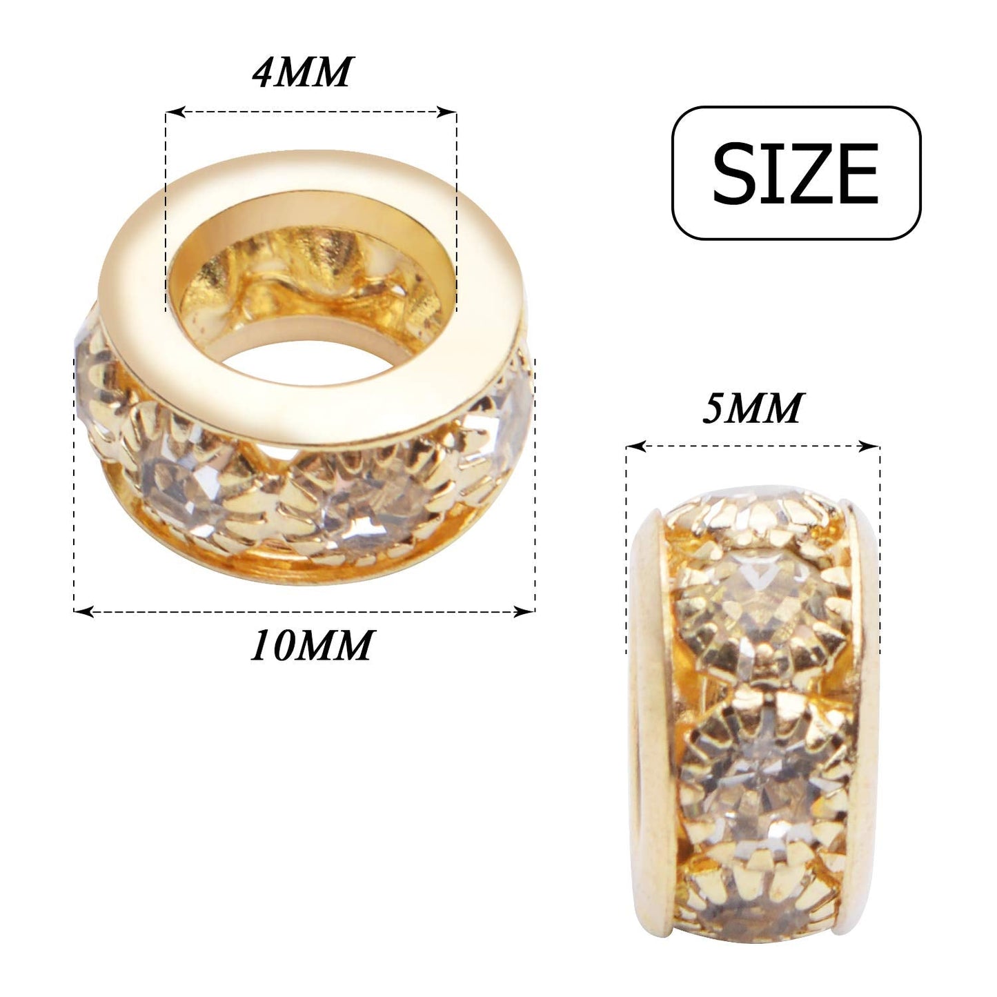 Large Hole Rhinestone Spacer Beads, 40pcs 10mm Crystal Pave Brass Rondelle Beads Fit European Bracelet Snake Chain Jewelry DIY