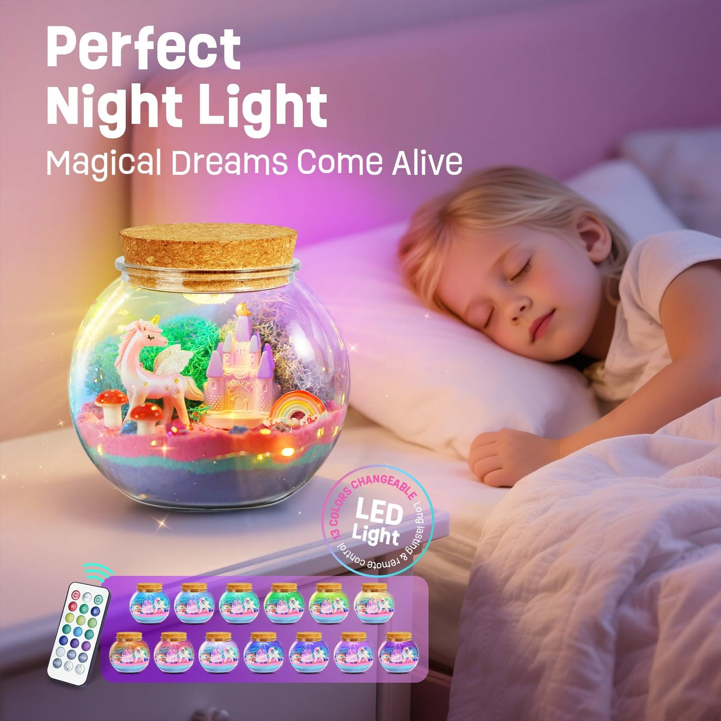 LAOESE Unicorn Light-Up Terrarium Kit for Kids – LED Night Light DIY Arts and Crafts Kit, Unicorn Toys for Girls Ages 4 5 6 7 8-12 – Birthday Gifts for Girls