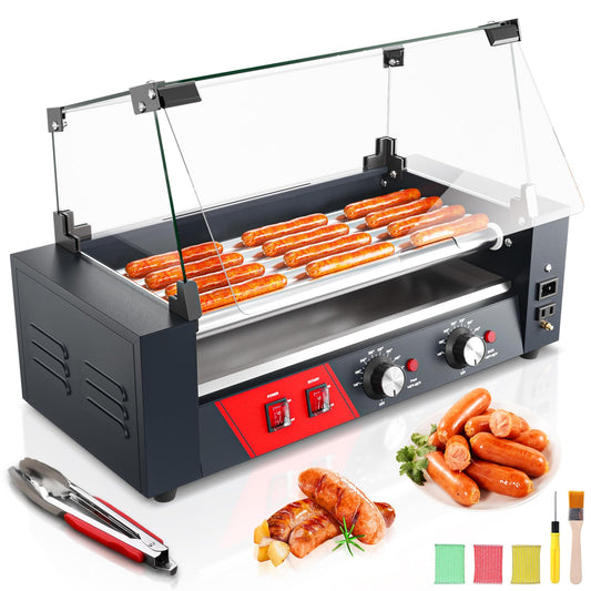 Baotree Commercial Hot Dog Rollers, 5 Rollers 12 Hot Dogs Capacity, 750W Stainless Steel Hot Dog Griller with Dual Controls, Glass Cover, Removable Tray for Commercial and Party