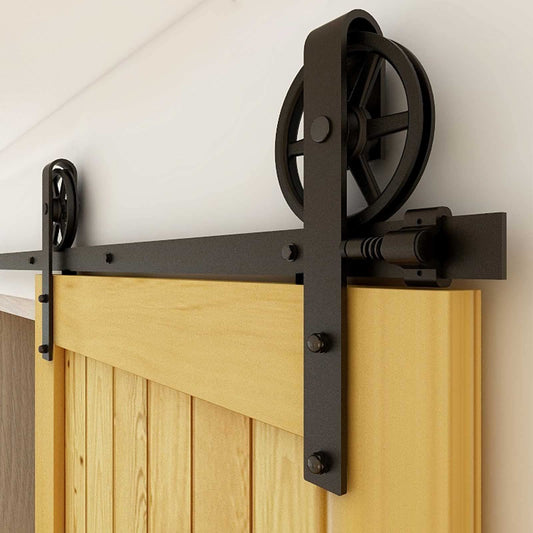 CCJH 20ft Heavy Duty Sturdy Sliding Barn Door Hardware Kit -Smoothly and Quietly -Fit 120 inch Door Panel (Big Spoke Wheel Hanger J Style)