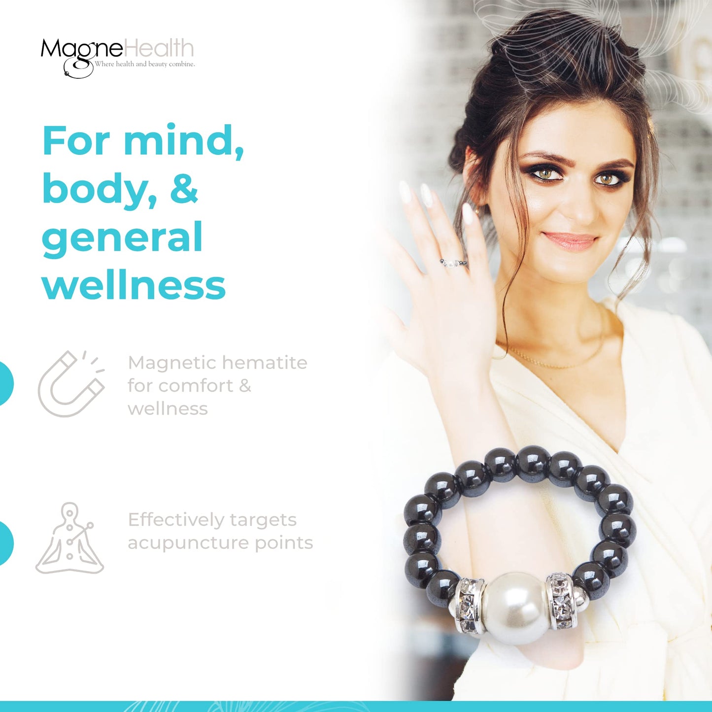 MAGNEHEALTH Black Magnetic Hematite Stretch Ring w/Large White Magnet Bead - Absorbs Negative Energy, Wellness and Balance Jewelry, Unisex Ring, Gift for Men and Women, Stretchable Comfort Fit, Small