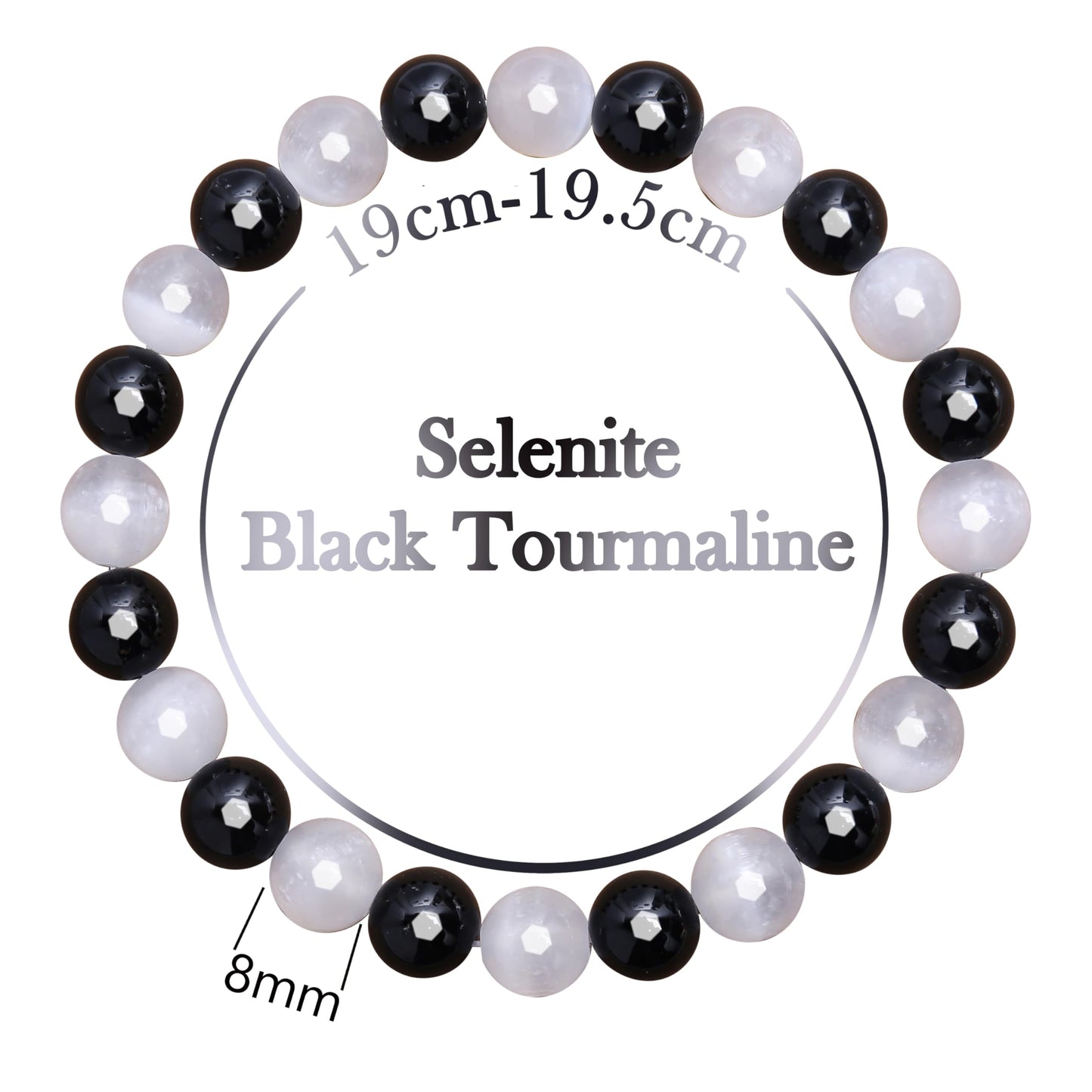 BONNY BOXX Mixed 8mm Natural Stone Bracelet for Purification, Handmade Stretch Selenite Black Tourmaline Bracelet Adjustable Crystal Healing Jewelry for Unisex Spiritual Gift