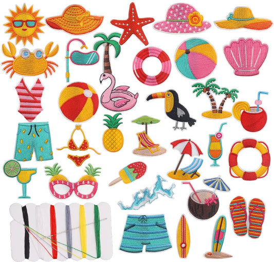 33 PCS Summer Iron on Patches Funny Beach Theme Bikini,Sunglasses,Hat,Coconut Embroidered Applique Sew on Patches for Backpacks,Pants,Clothes,Jeans,Bags,Jackets,Vests,Coat,Uniforms