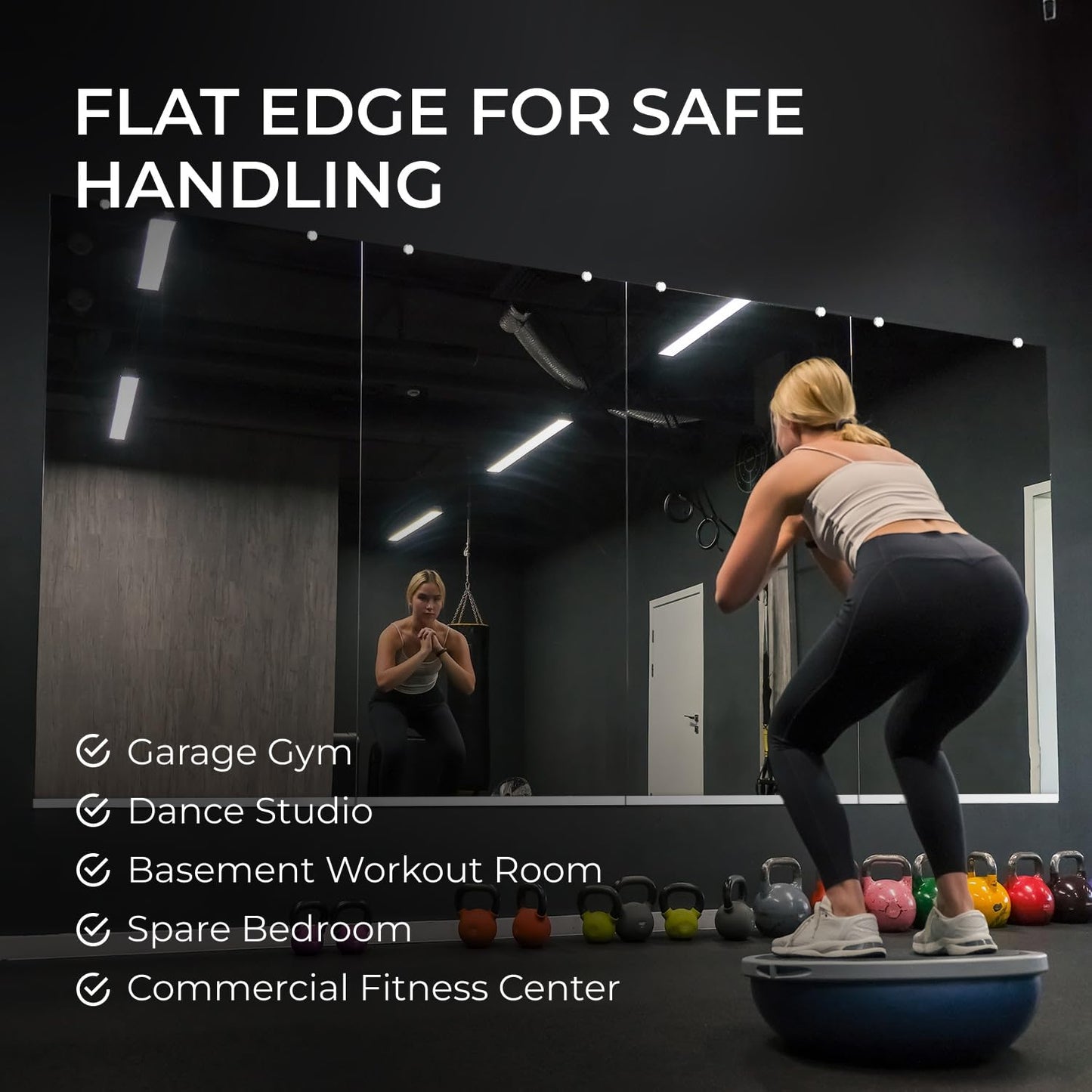 Fab Glass and Mirror Large Gym Mirror for Home Gym 48x32 - Full Length HD Tempered Glass Wall Panel - Professional Workout Display with Safety Backing - 1/4 Inch Commercial Grade