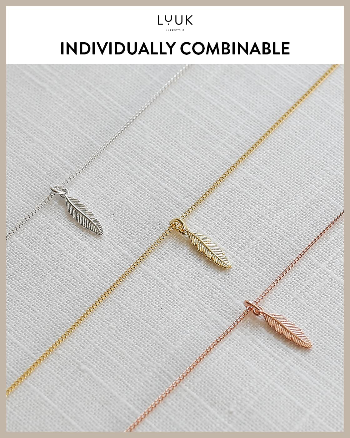 LUUK LIFESTYLE Necklace with feather pendant, 925 sterling silver chain and pendant, modern and minimalist fashion accessory, layer look, trendy boho style, jewelry gift idea for her, gold