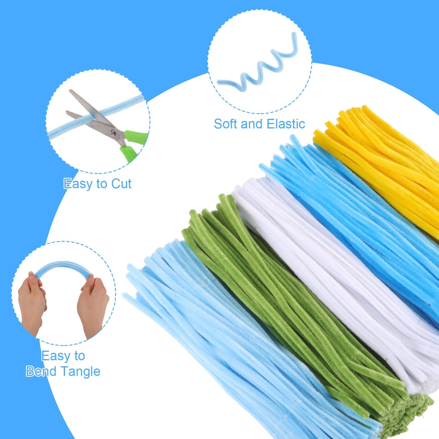 WSICSE 500Pcs Blue Pipe Cleaner Flower Kit, Pipe Cleaners Bulk Chenille Stems with Floral Wires, Gardening Tape,Stamen& Ribbon, Wrapping Paper (5 Colors)