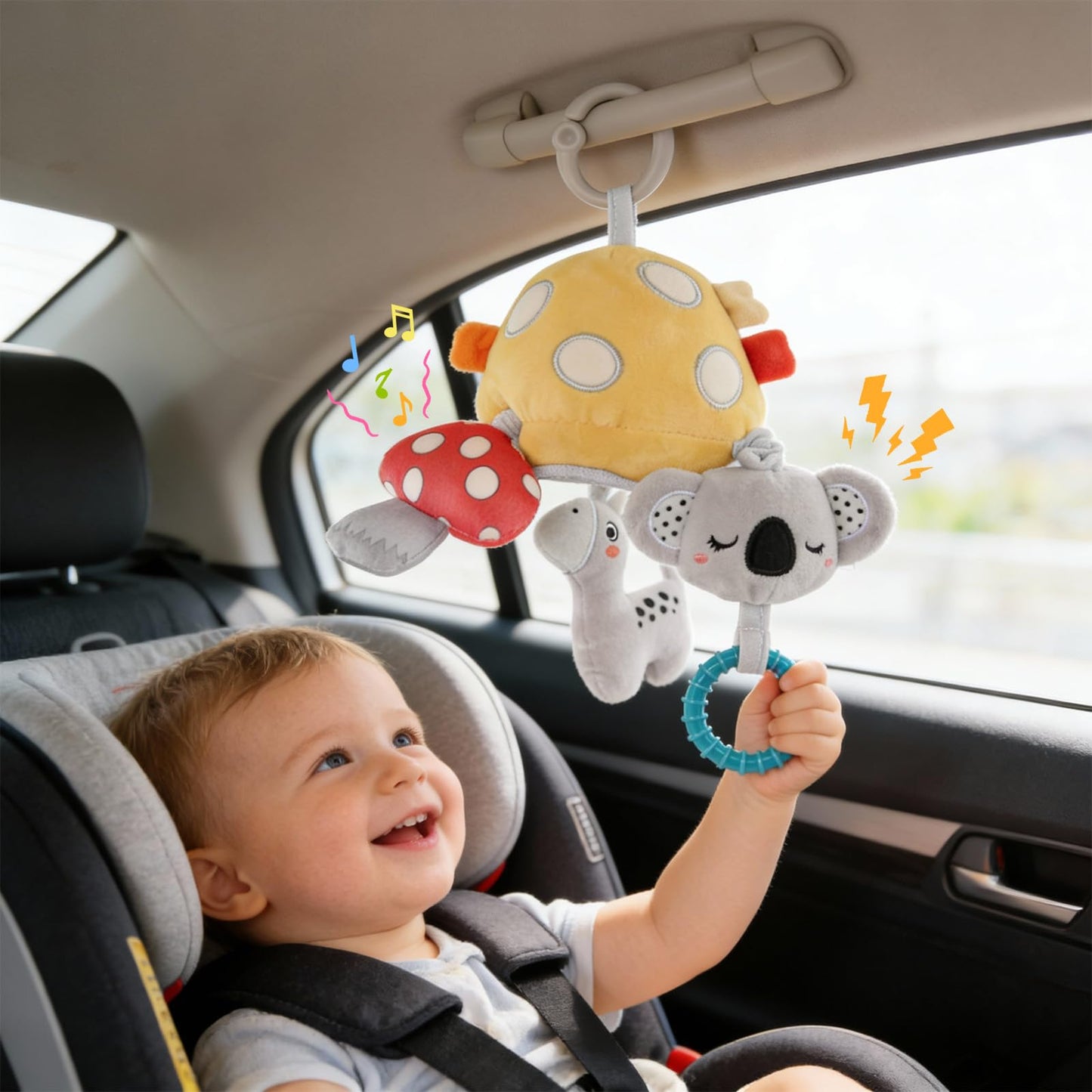 littlove Musical Baby Pull Vibration Toy for Car Seat 6-12 Months, Travel Sensory Toy 3 Months, Montessori Plush Toys for Roadtrip with Crinkle Textures Flutter Squeaky Mirror Newborn Infant Gift