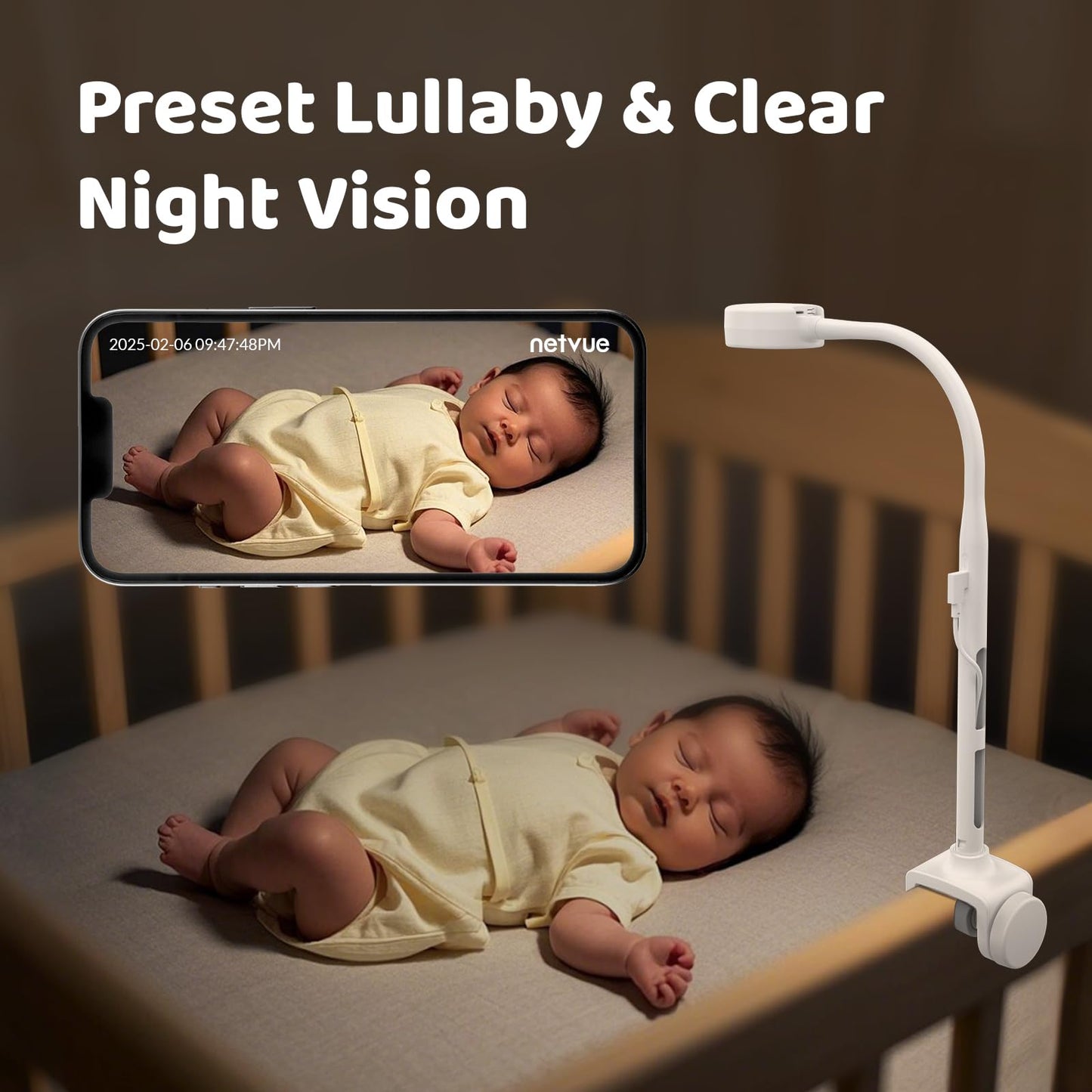 NETVUE Peekababy Baby Camera with Wireless Audio, Adjustable Crib Mount Monitor, Works via 2.4GHz Wi-Fi for Wide Coverage & Stable Connection, Smart App, Two-Way Talk (White)