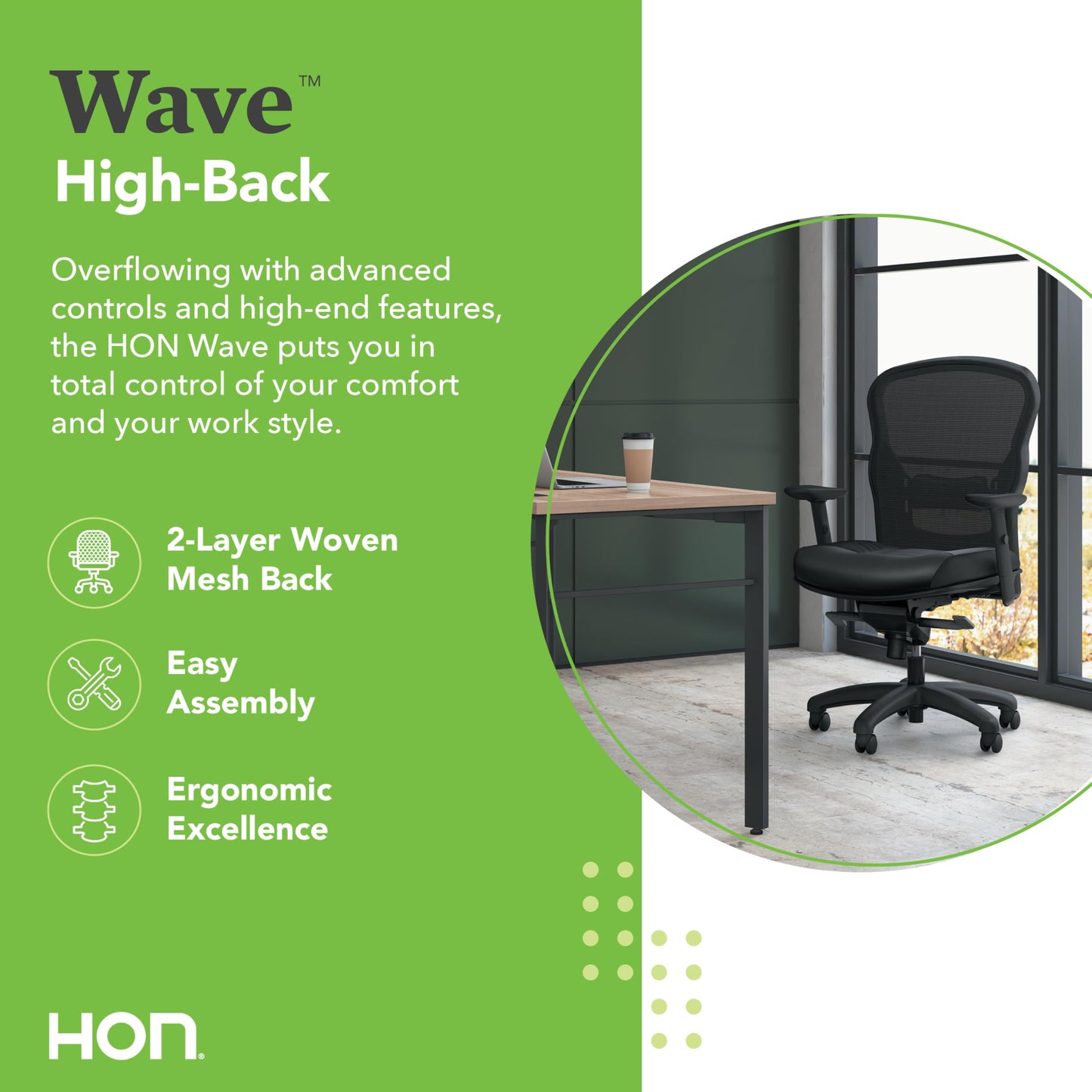 HON Wave High Back Leather Ergonomic Office Chair Lumbar Support with Adjustable Arms, Breathable Mesh Ergonomic Desk Seat for Computers, Office, 360° Swivel Synchro-Tilt, Black