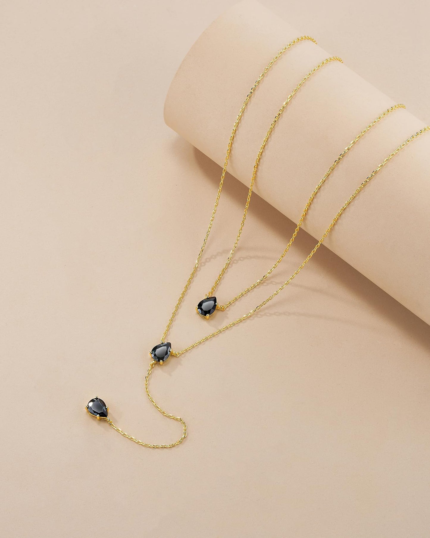 SNGIA Long 18K Gold Plated Blue Green Red Layered Pendant Necklace For Women (Emerald, Ruby, Seafoam, Sky, Sapphire, Pink), Dainty Birthstone Necklace, Statement Necklace Jewelry Gifts. (Noir)