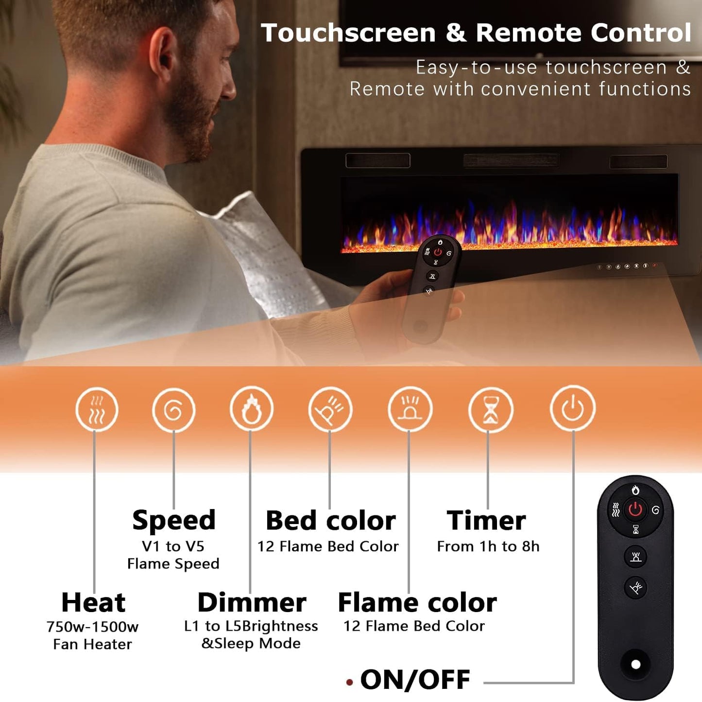 Vitesse 60 Inch Ultra Thin Electric Fireplace-Narrow Bezel Linear Fireplace Heater Recessed Wall Mounted, Remote and Screen Control, 8H Sleep Timer, Low Noise, 750/1500W for Living Room, Bedroom