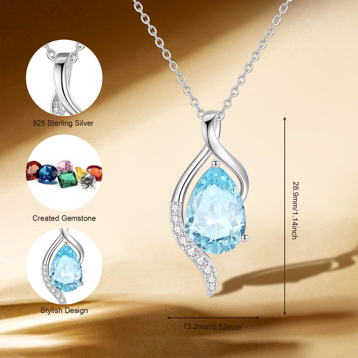 FANCIME March Birthstone Necklace for Women Teardrop Aquamarine Necklace S925 Sterling Silver Gentle Love Birthday Gifts for Mom Women, 16"+2" Inches