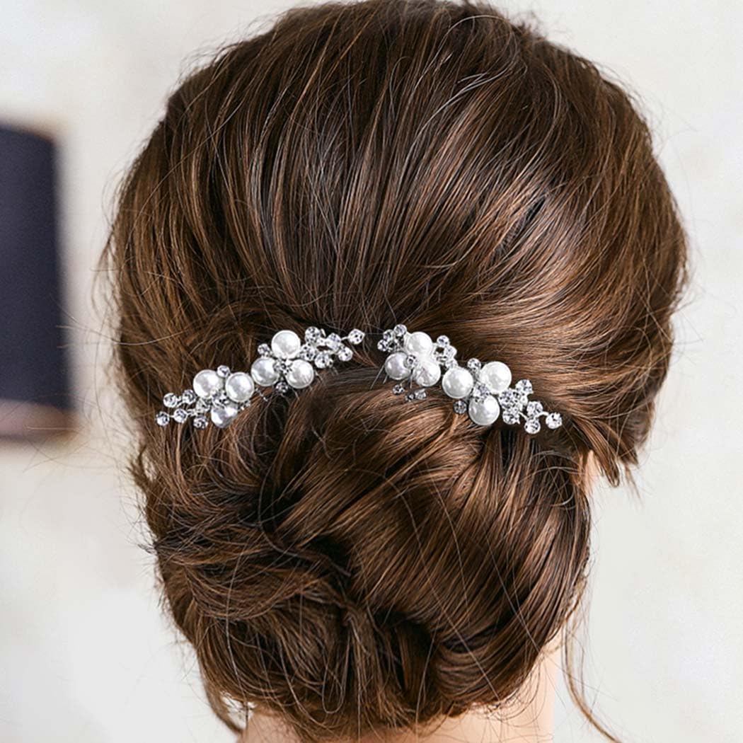 Asooll Gold Wedding Pearl Hair Comb Bride Crystal Headpiece Bridal Rhinestone Hair Clip Hair Accessories for Women(Set of 2) (B-Silver)