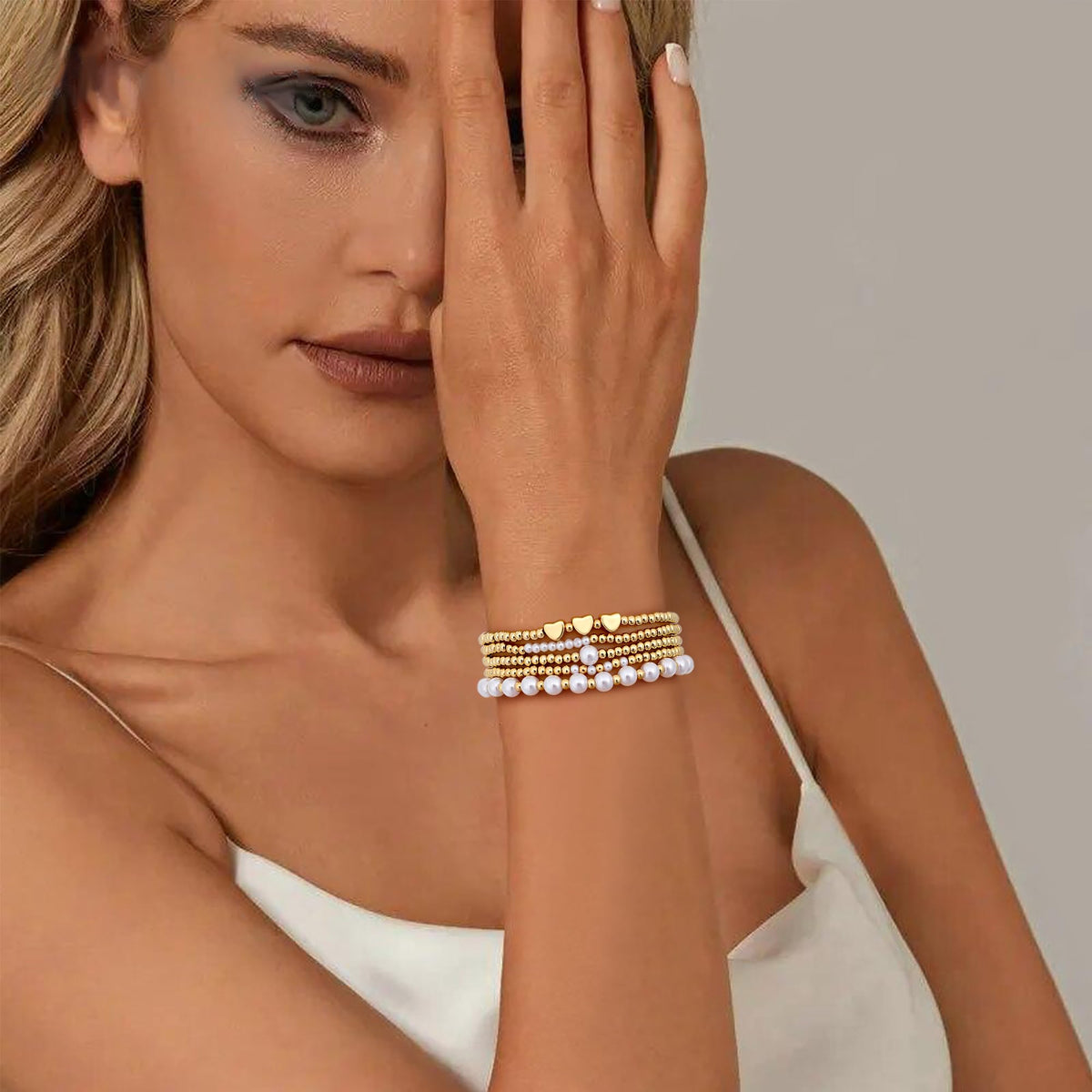 Sajidos Gold Plated Beaded Bracelets for Women Trendy, 14K Gold Plated Stack Cross Pearl Gold Plated Bead Stretch Bracelets Set Elastic Hypoallergenic Bracelets Jewelry Gifts (style11-heart)