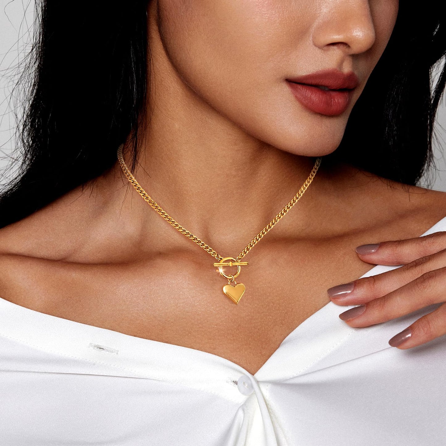 Zeffy Gold Chunky Puffy Heart Necklace Big Heart Chain Link Necklace Toggle Clasp Heart Charm Necklaces Birthday for Women Jewelry