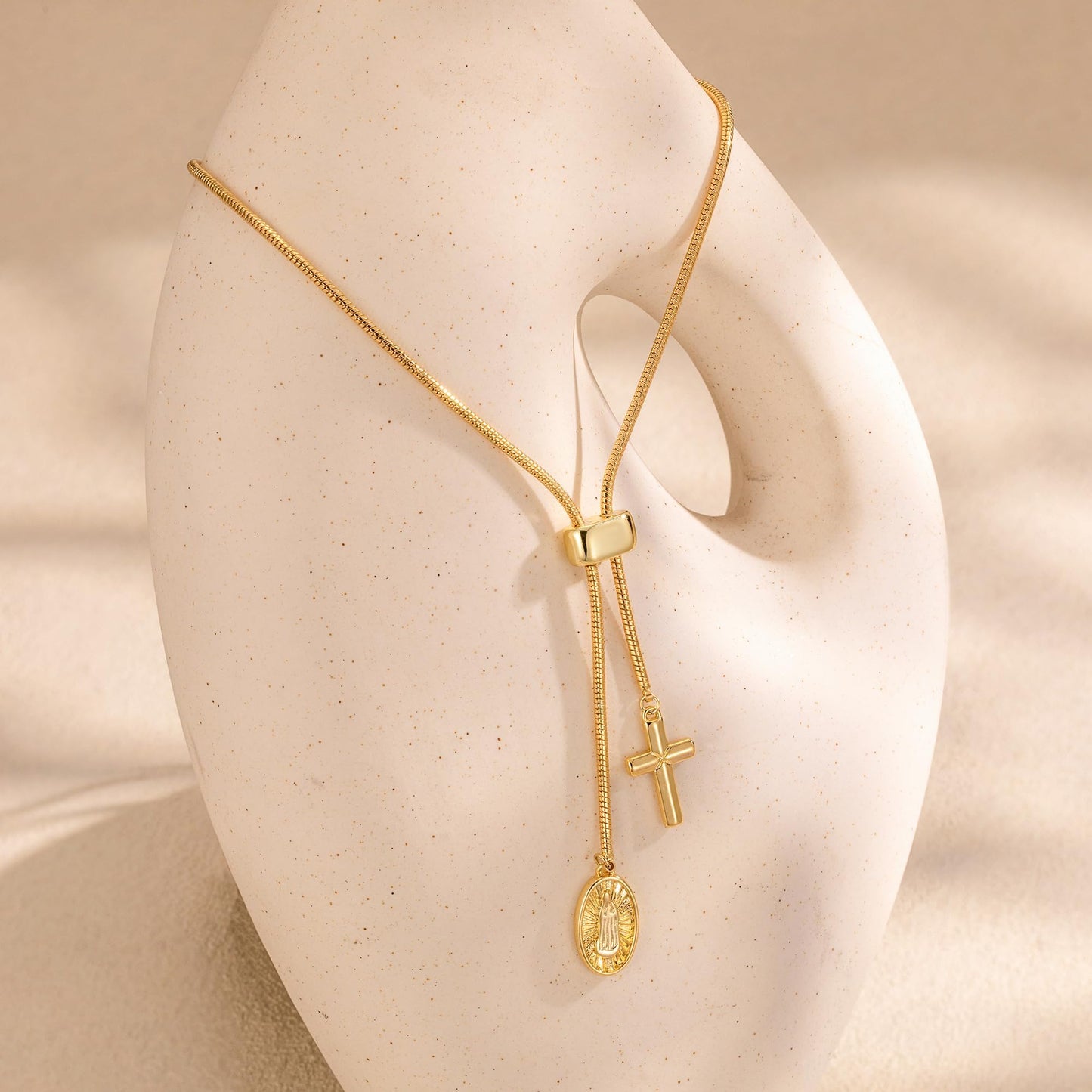 CHESKY 14K Gold Plated Long Necklace for Women Y Shaped Necklace Rosary Cross Drop Pendant Necklace Dainty Trendy Christian Jewelry