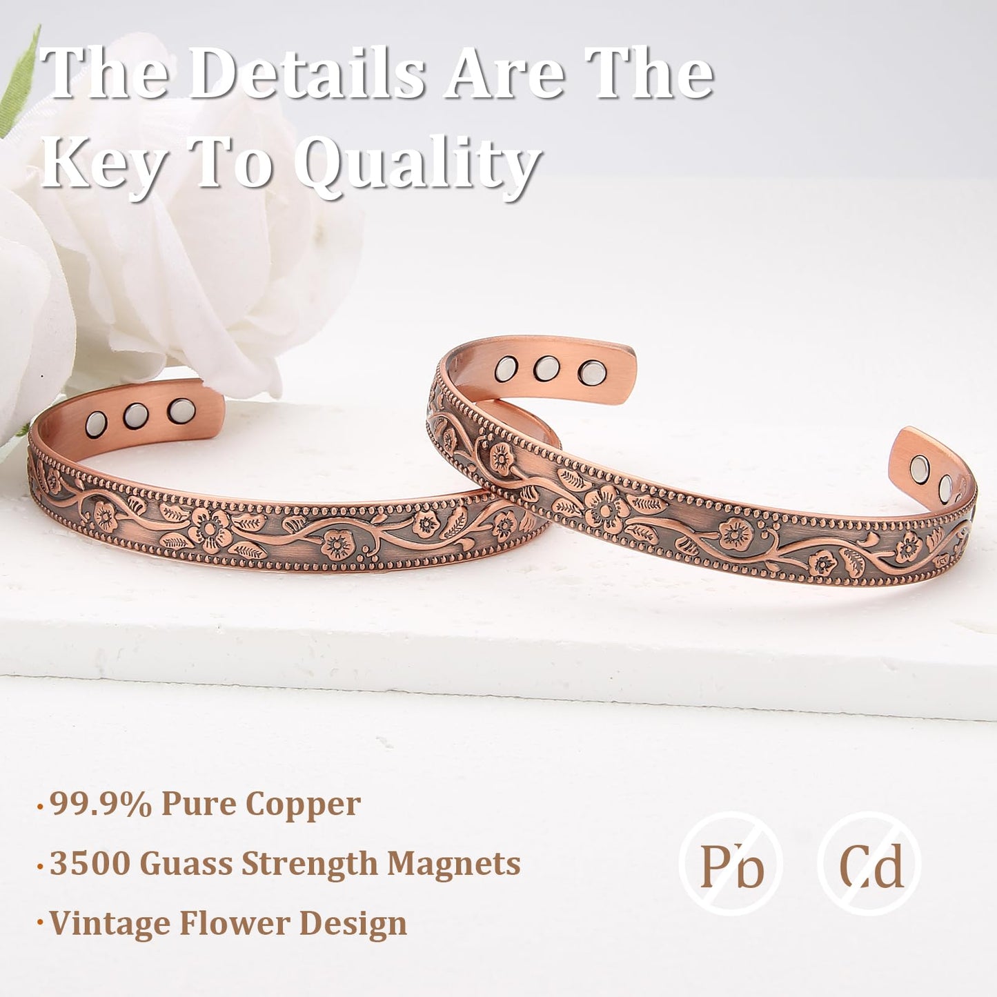 MagEnergy Copper Bracelets for Women, 99.9% Pure Copper Vintage Flower Magnetic Bangle with 3500 Gauss Magnets,6.8" Adjustable Cuff Jewelry Box