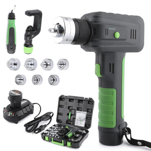 Rogvoc Electric Tubing Expander Swaging Tool Kit, with 2200mAh Powered, 7 Expander Heads for 3/8" to 1-1/8", Power HVAC Expander Tool with Tube Cutter, Deburring Tool for Copper Aluminum Pipes
