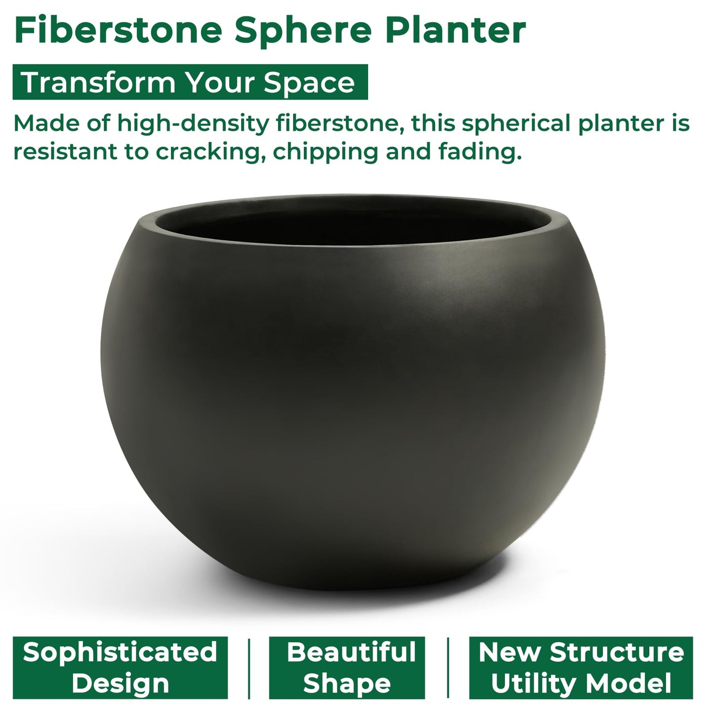 FloraFairy Fiberstone Sphere Planter, Black 19.3" Dia Large Flower Pot with Drainage Hole and Silicone Plug, Round Plant Container for Indoor or Outdoor, 15" Opening-13 H Large