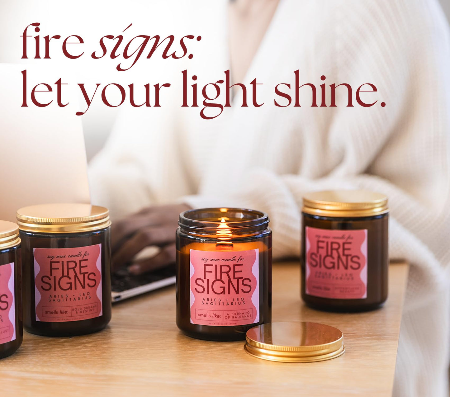 Aries, Leo, Sagittarius Gifts for Women - Wood Wick Candles, 4 Pack Small Scented Candles Set for Women. 6oz Natural Soy Wax, Aromatherapy Set for Home. Zodiac Astrology Birthday Spiritual Gifts