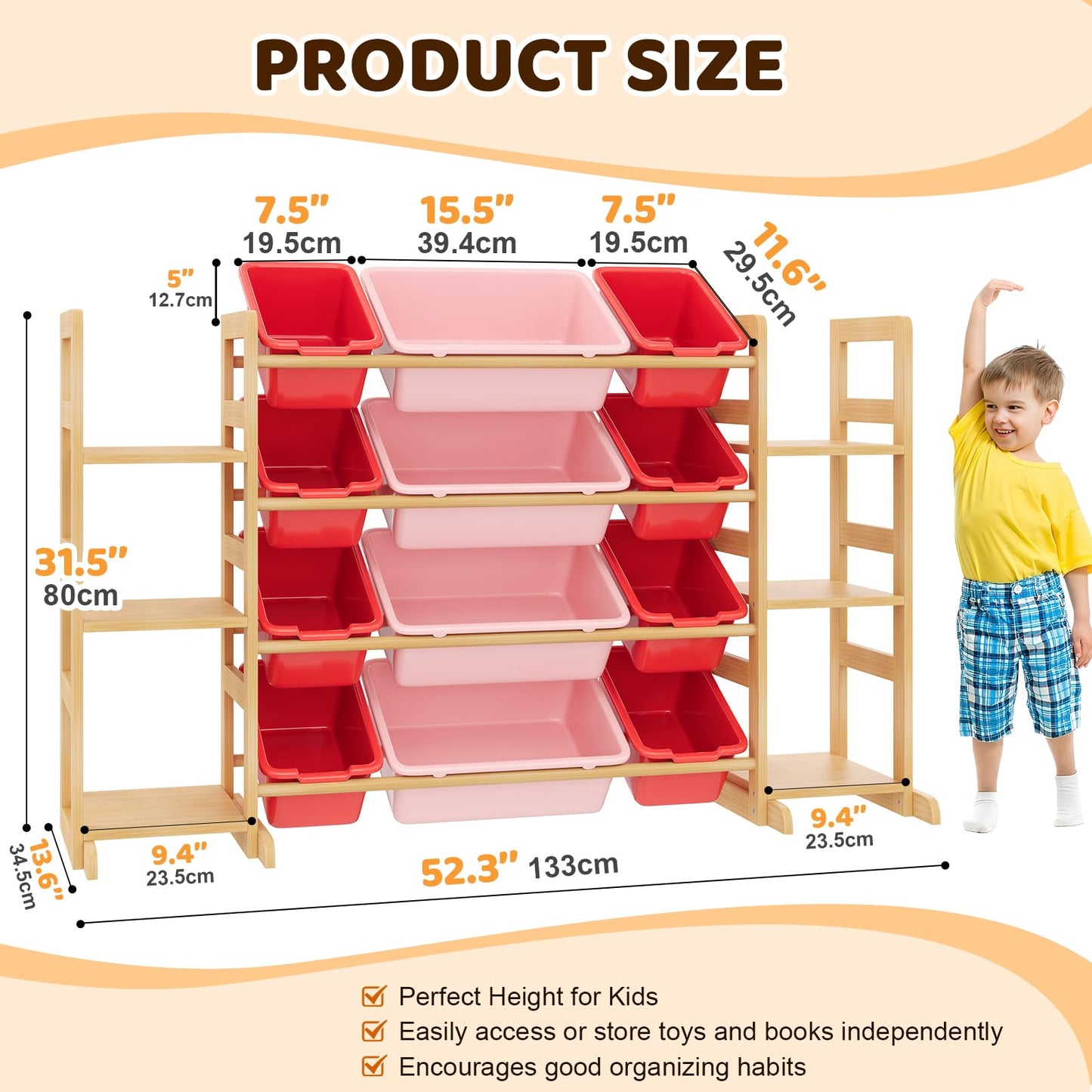 Ratulie Large Toy Storage Organizer Kids Toy Organizer and Bookshelf Combo with 12 Bins and 6 Shelves Toy Organization Box Toy Shelf for Playroom, Bedroom, Nursery