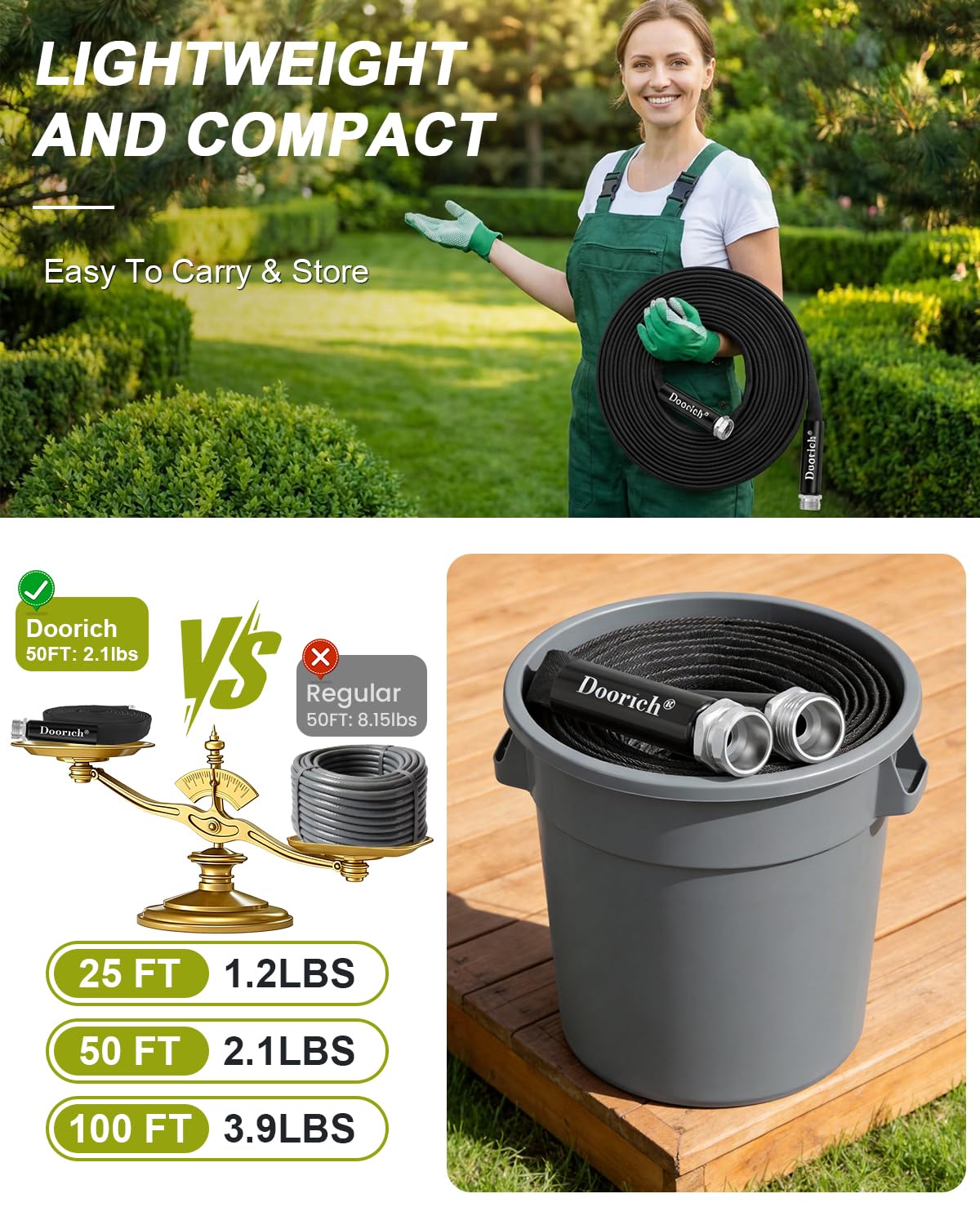 Doorich Garden Hose, Lightweight, Ultra Flexible, Durable, Kink-Free Water Hose - Made of TPU, Drinking Water Safe Material, Non-Shrinking, Easy to Store, All-Weather, Black (50 FT)