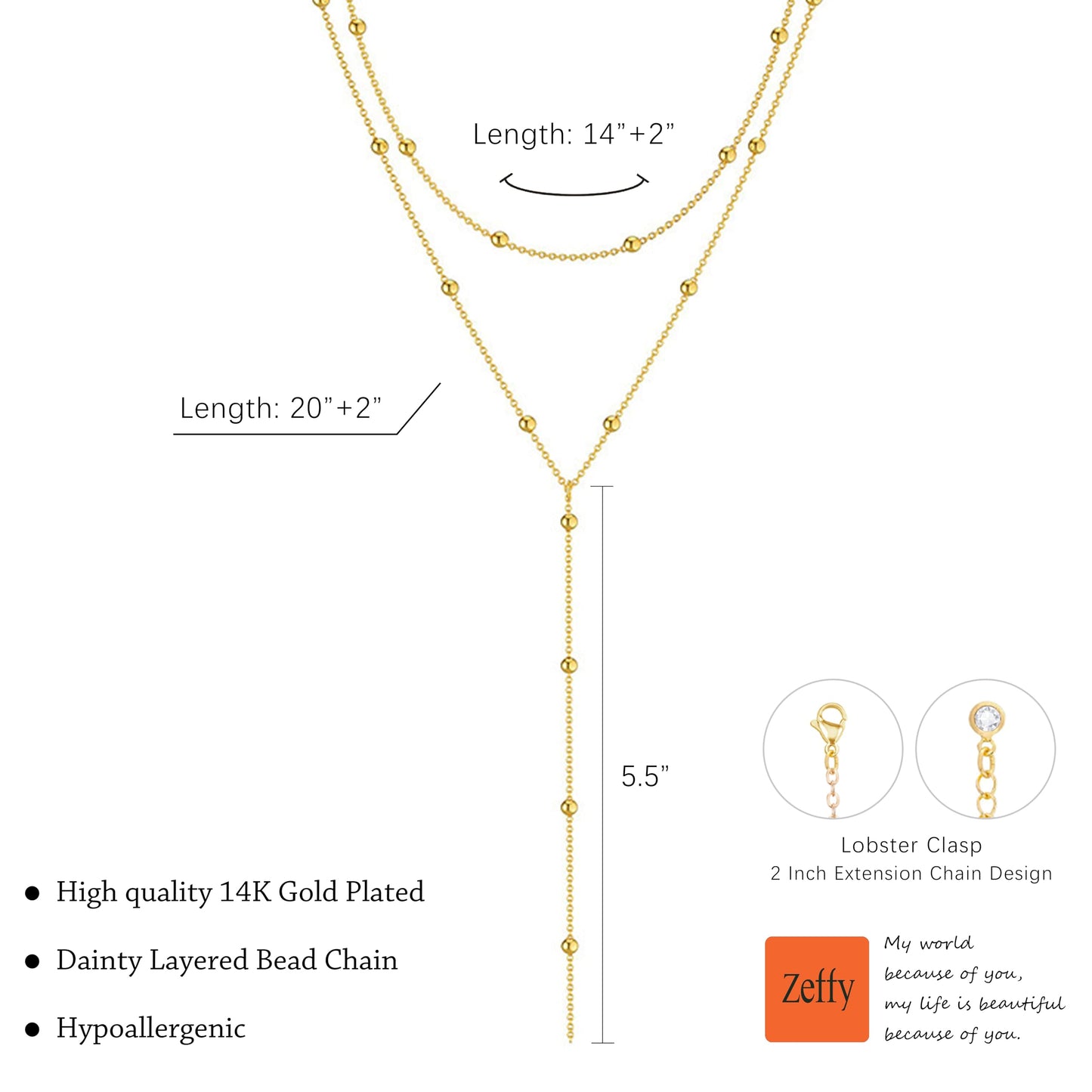 Zeffy Dainty Long Gold Necklaces for Women Trendy Lariat Y Necklace 14k Gold Plated Layered Beaded Drop Necklaces Simple Y-Shaped Chain Jewelry Gift Wedding