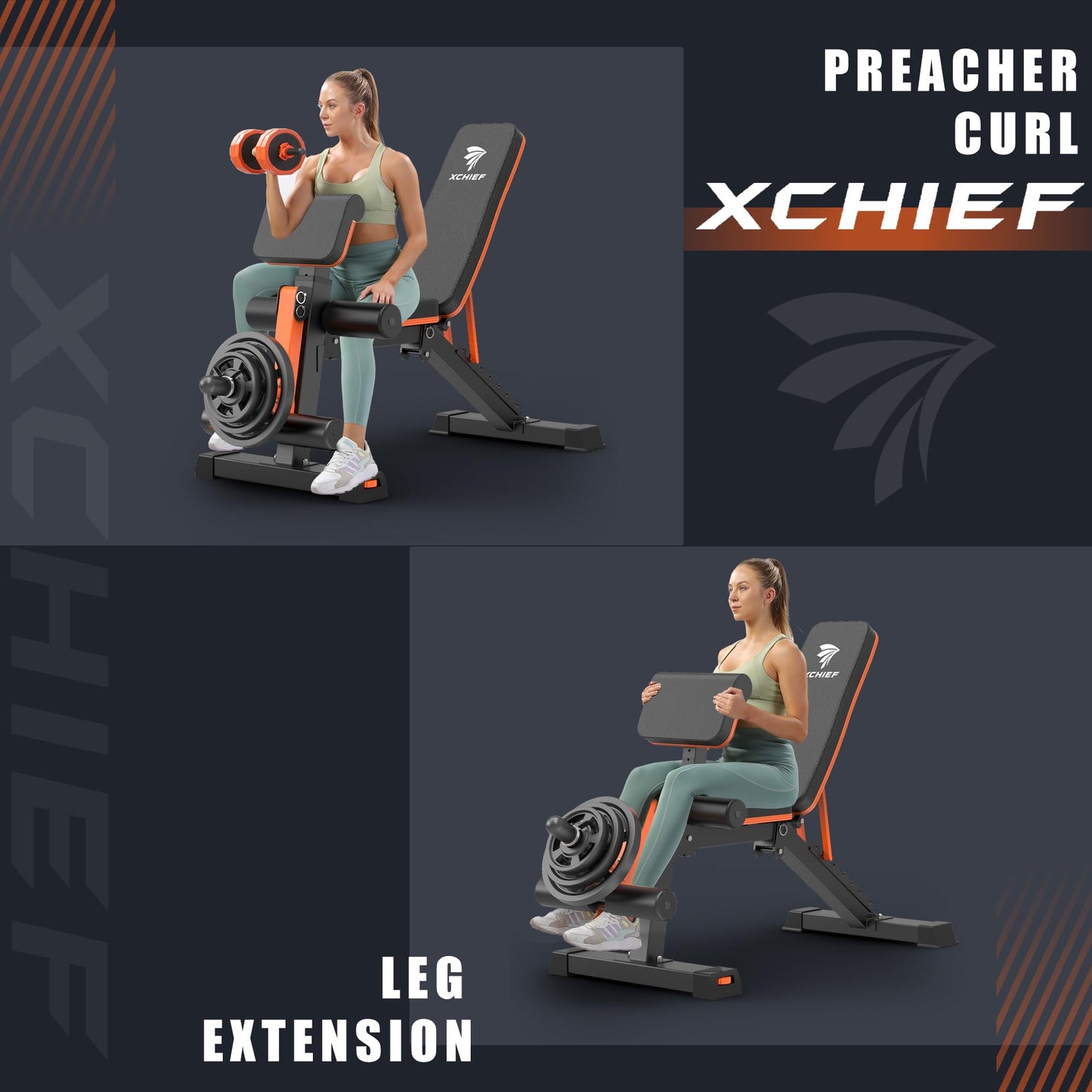 XCHIEF Adjustable Weight Bench - 1000LBS Capacity Heavy Duty Foldable Workout Bench for Full Body Exercise, Flat/Incline/Decline, Bench Press for Home Gym with Preacher Pad & Leg Extension
