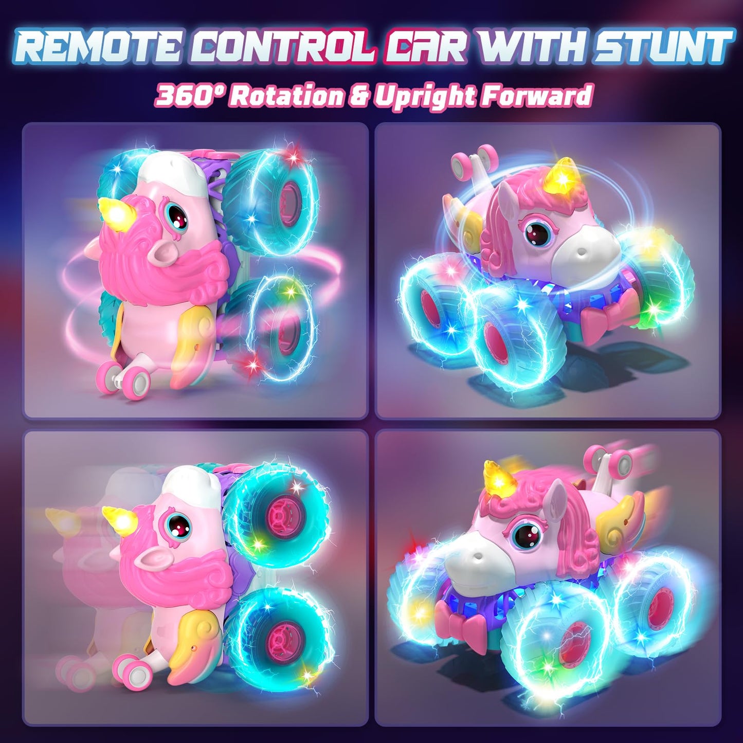 Lehoo Castle Remote Control Car for Girls 360° Rotating, Unicorn Monster Truck with Light & Music, 4WD All Terrain RC Stunt Car Rechargeable, 2.4GHz RC Truck for 3 4 5 6 7 8 Girls Birthday Gift