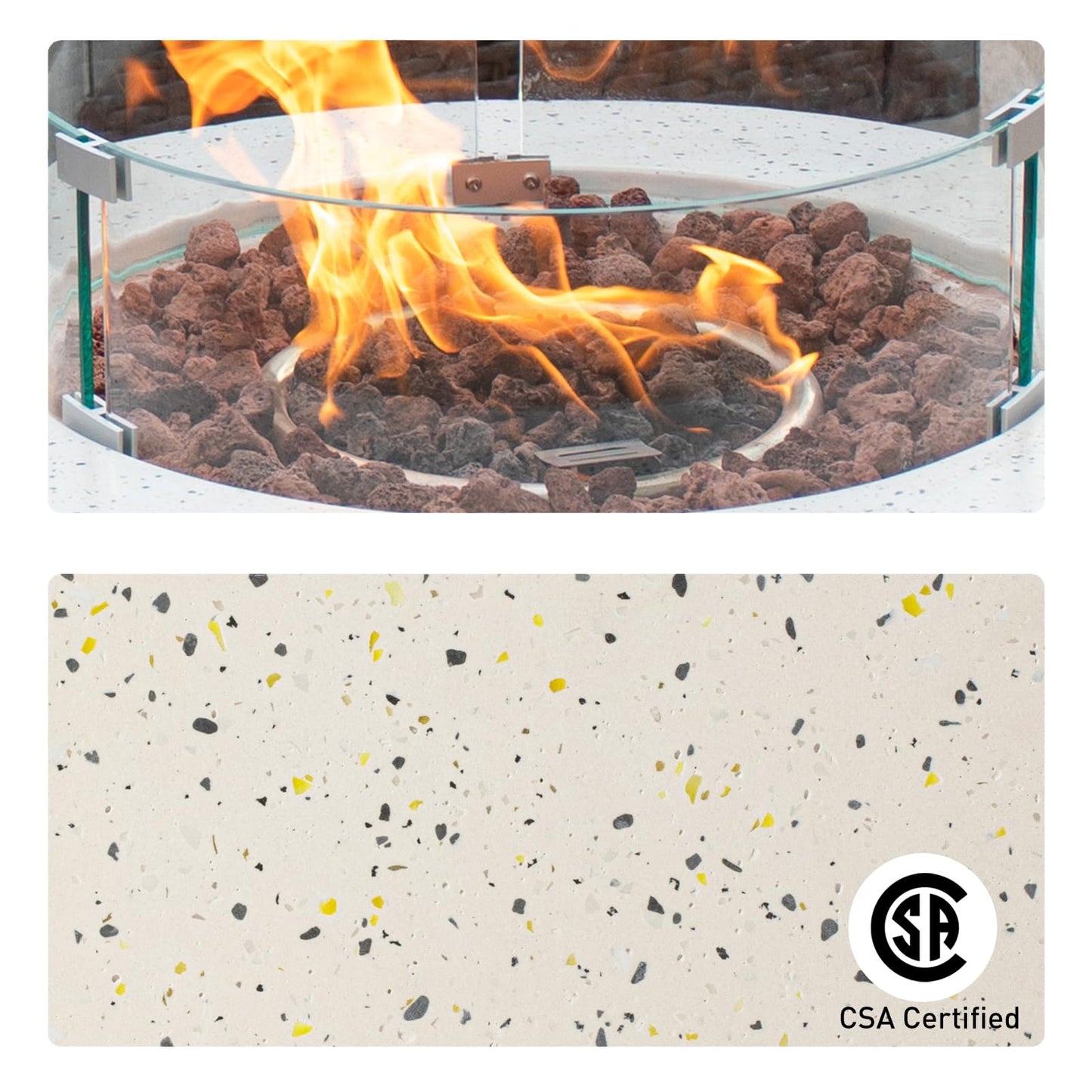 COSIEST 2-Piece Outdoor Propane Fire Pit Table Set w Tank Table, 28" Terrazzo Round Fire Table (Certified, 40,000 BTU) w 16" Tank Cover Side Table 20lb, Wind Guard, Rain Cover for Garden, Pool