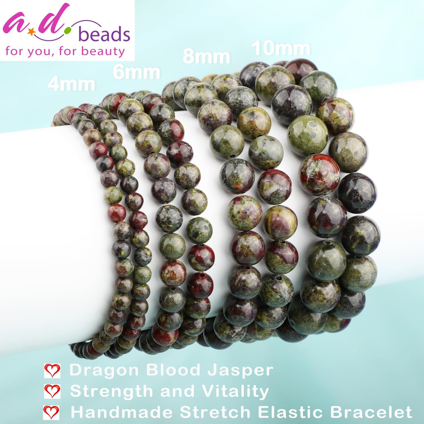 AD Beads 8mm Handmade Dragon Blood Jasper Elastic Bracelet – Natural Gemstone for Strength and Vitality – Meditation, Yoga, Healing and Energy Gift for Men Women