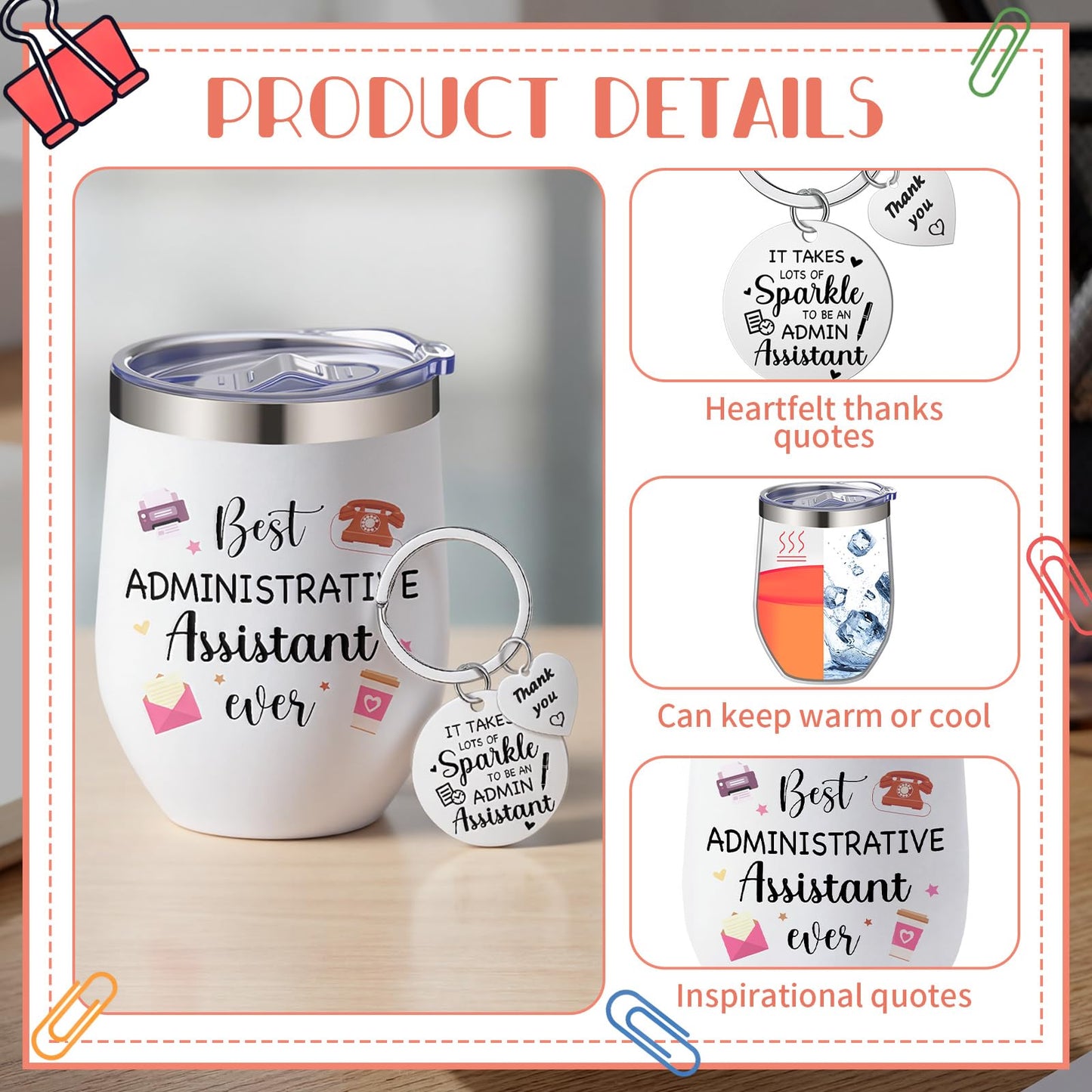 Patelai Admin Professionals Day Appreciation Gift for Women Inspirational Keychain and 12oz Stainless Steel Tumbler with Lid and Straw for Administrative Assistant Employee Appreciation Gifts